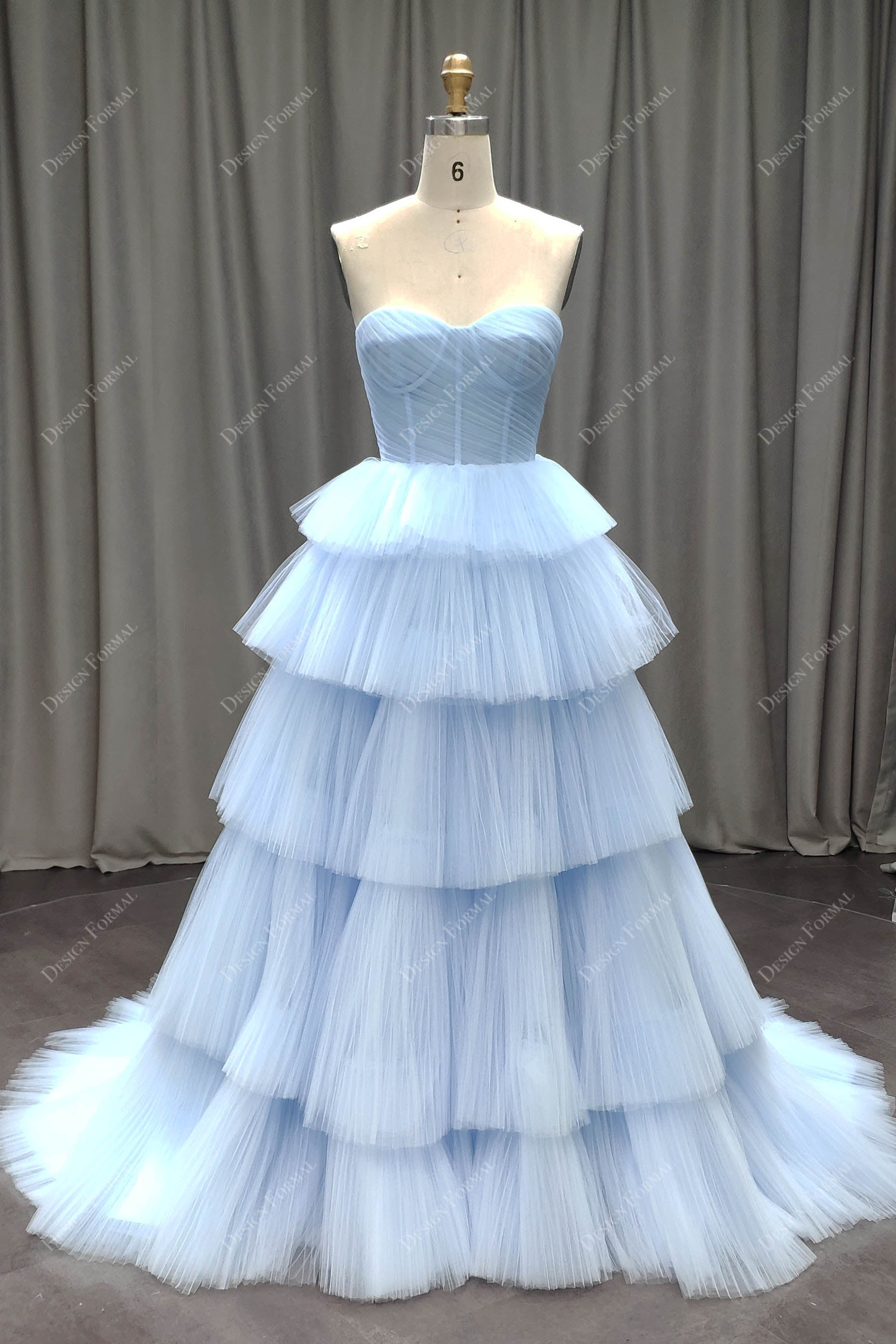 Sky Blue Tiered Pleated Tulle Elegant Corset Prom Wedding Dress