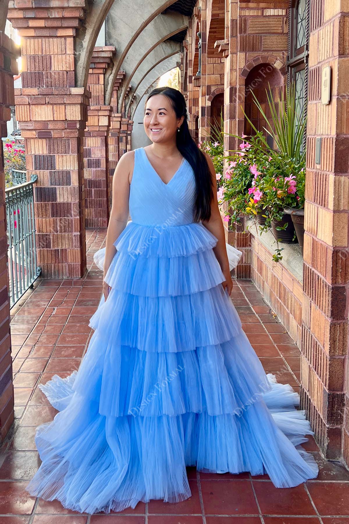 sky blue tiered tulle prom dress