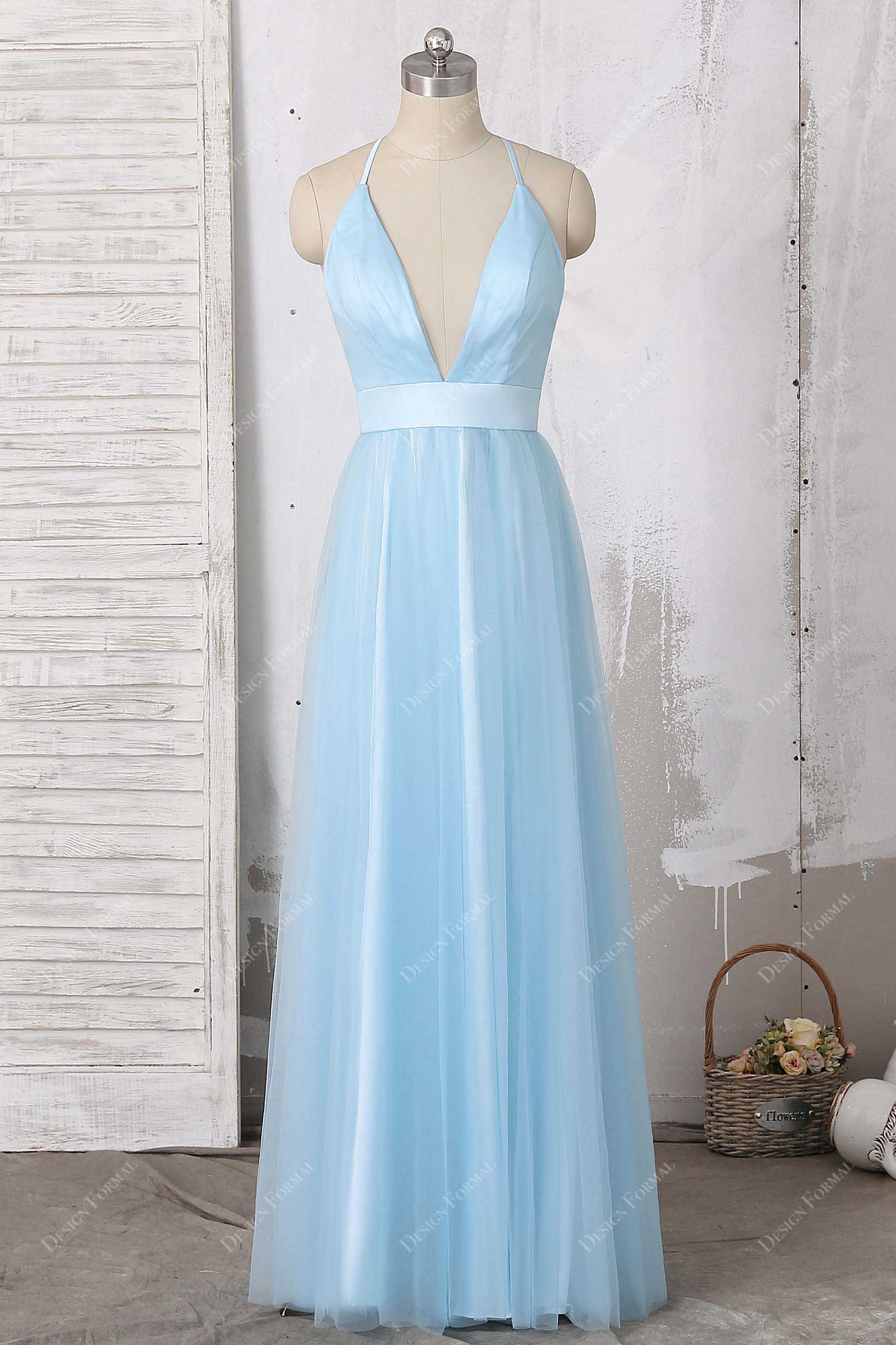 Sky Blue Tulle Plunging Straps Floor Length A-line Prom Bridesmaid Dress