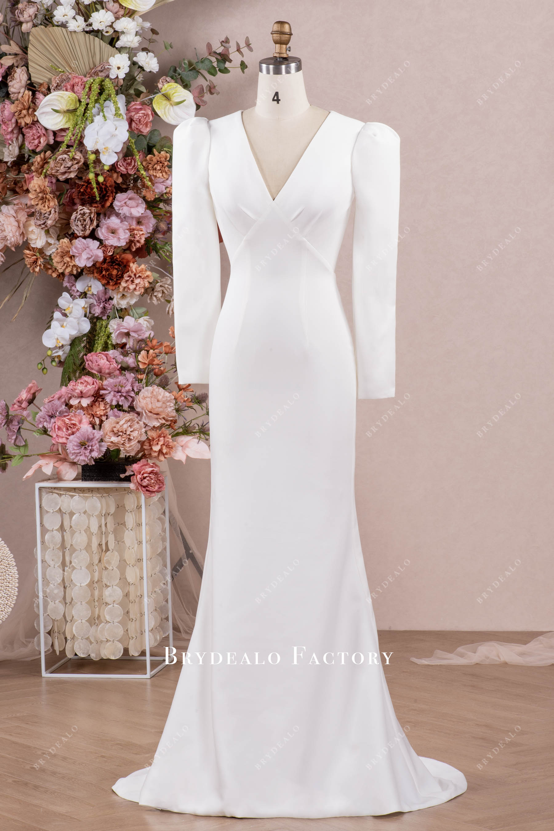 Classic Filipino Sleeves Crepe Elegant Mermaid Long Wedding Dress, Ivory Classic Filipino Sleeves Crepe Elegant Mermaid Long Wedding Dress, Ivory