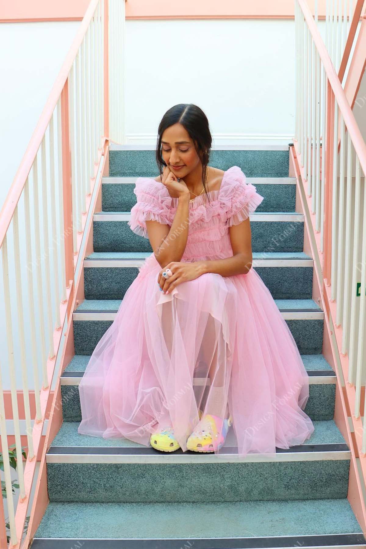 sleeved pink ruffled tulle prom daily tailor-made gown