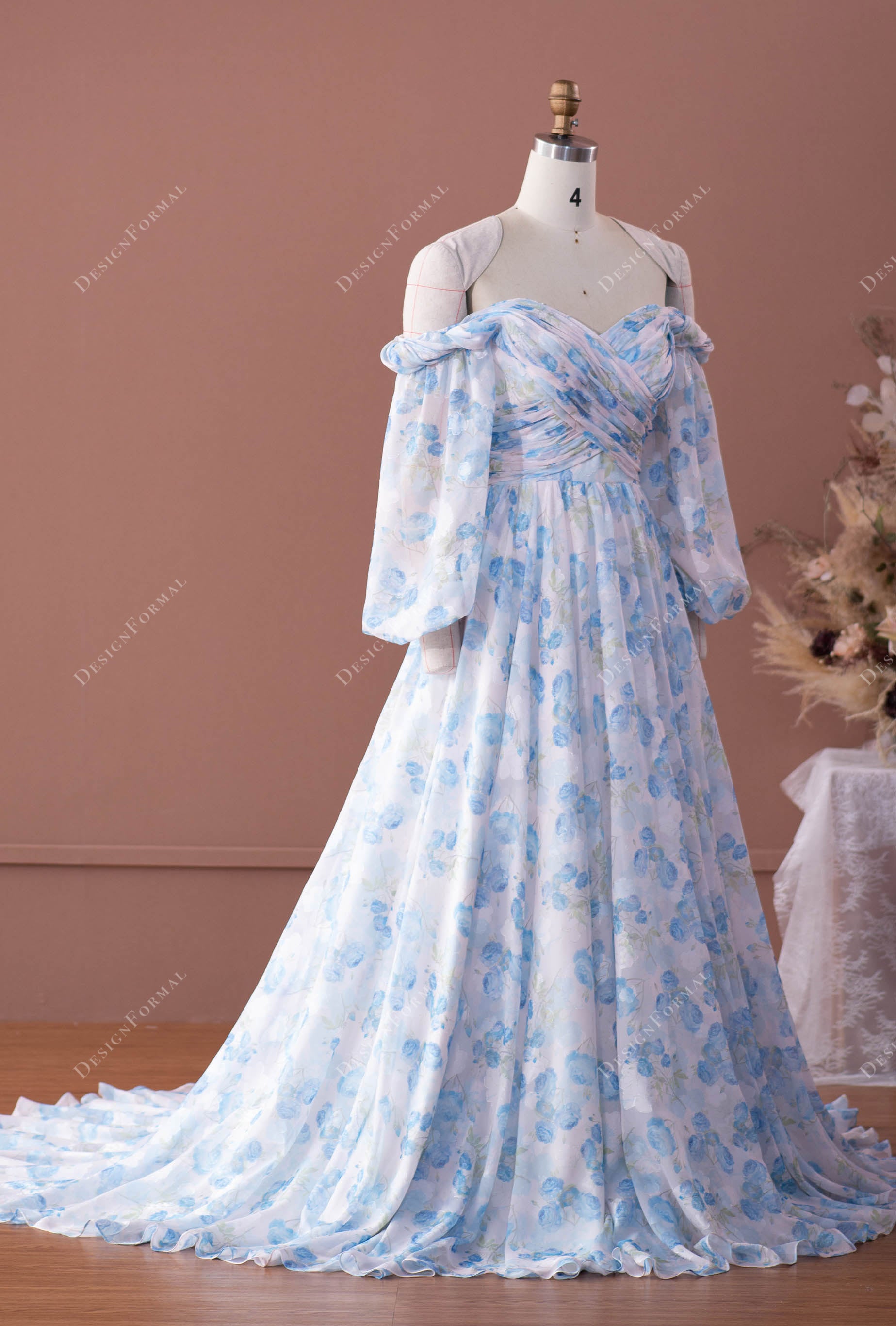 Balloon Sleeve Off Shoulder Designer Floral Chiffon A-line Bridal Dress