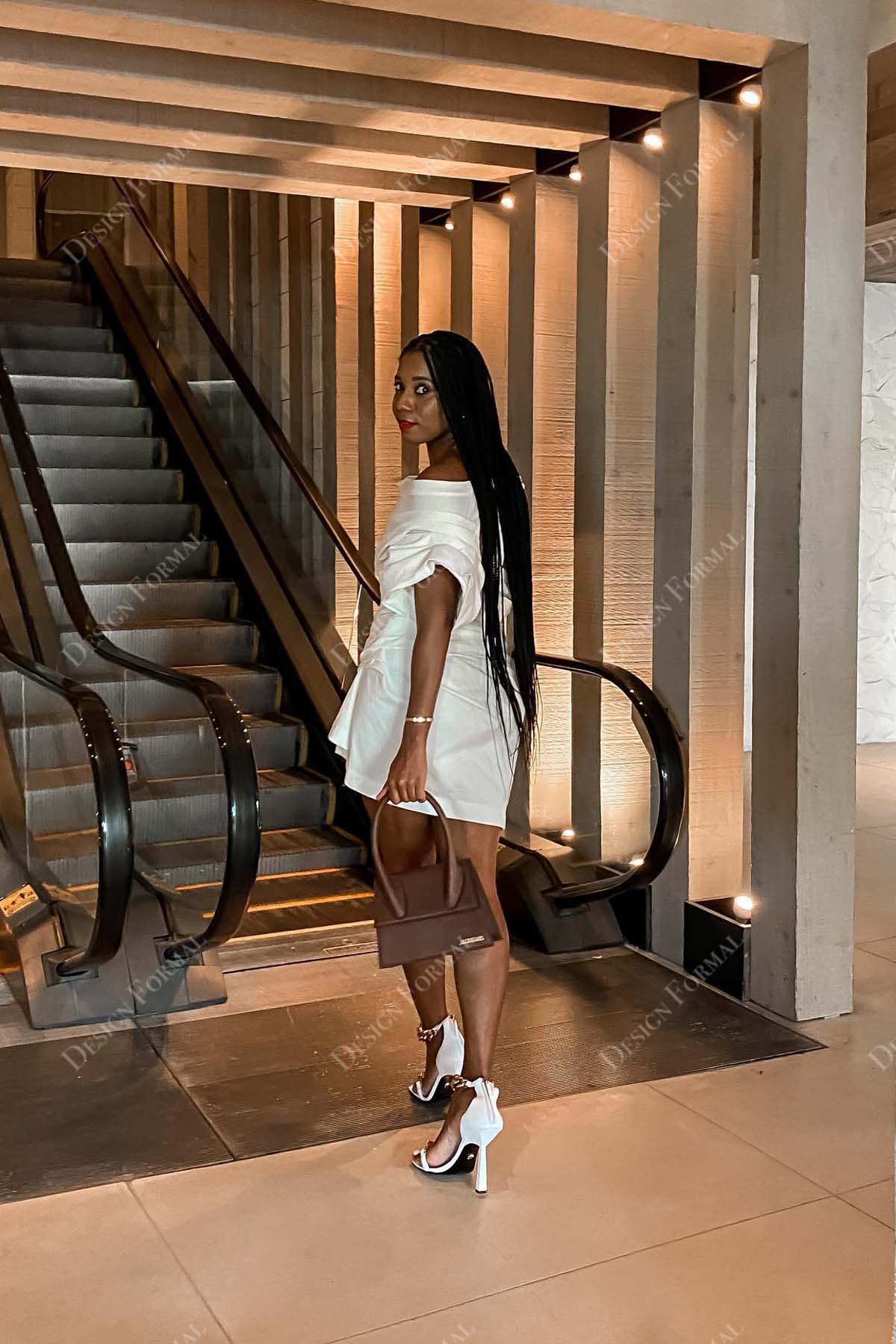 sleeved white satin ruched designer short prom cocktail dress