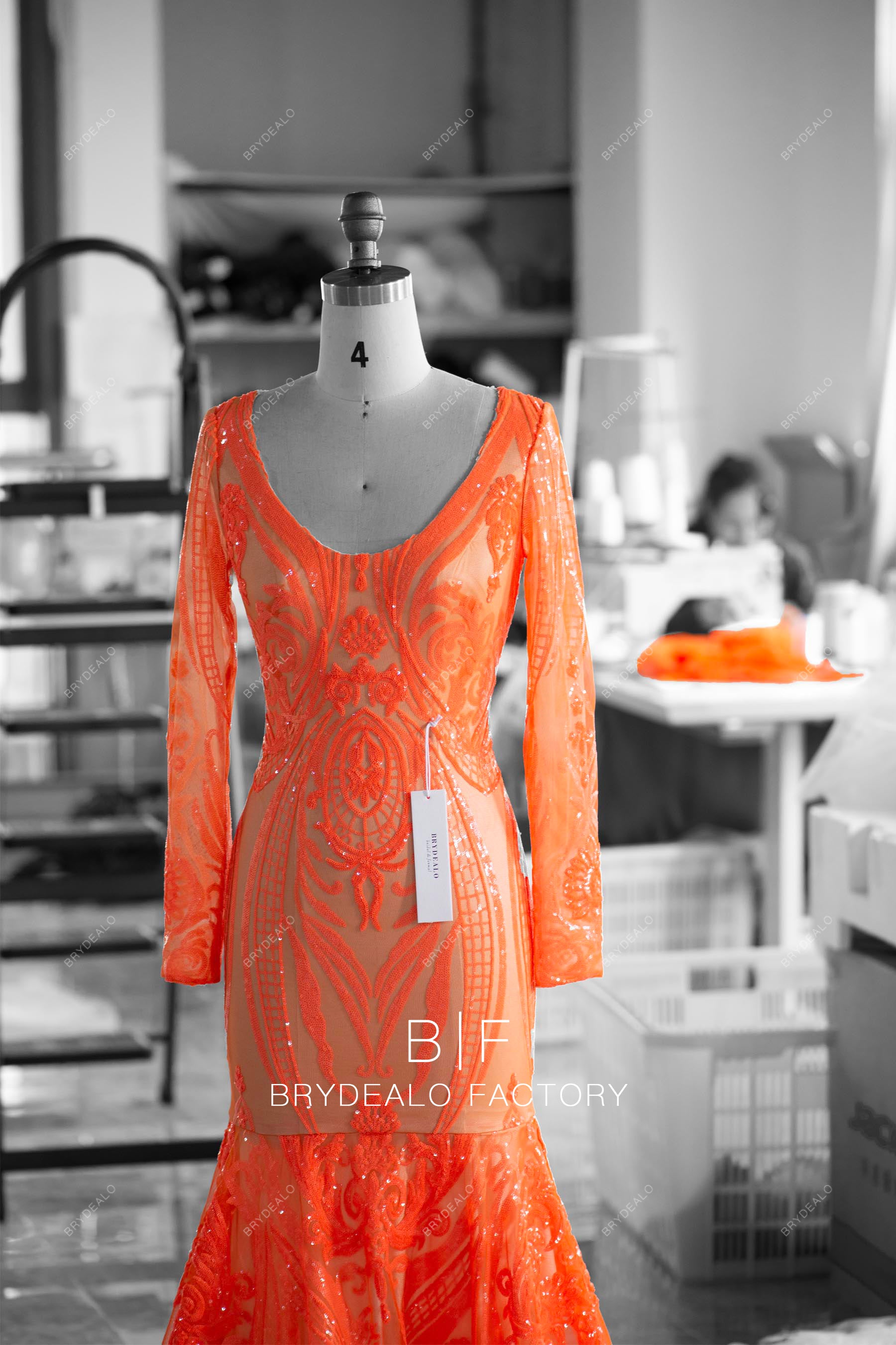 trendy V-neck sleeved custom sequin formal gown