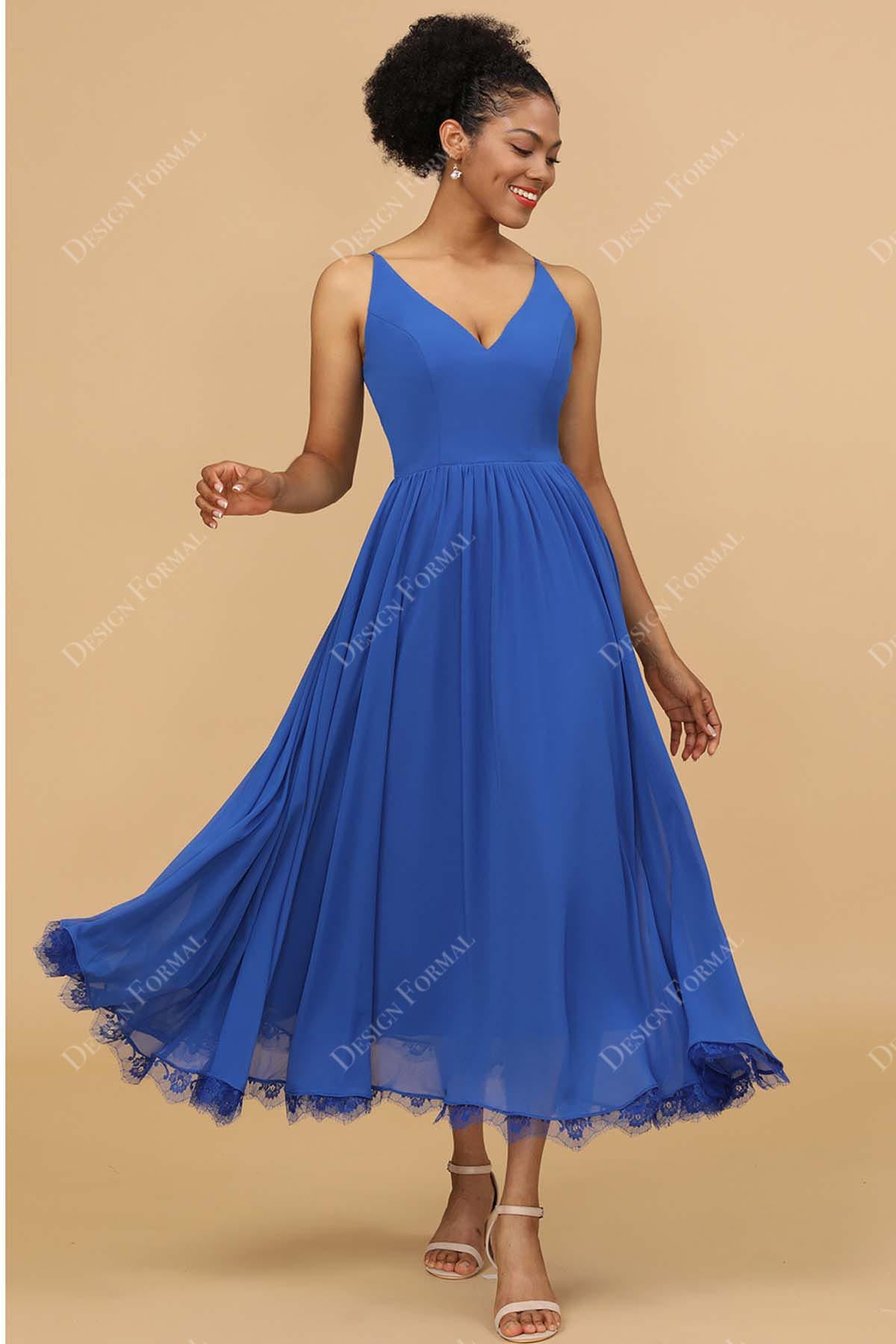 Blue V-Neck Ankle Length Chiffon Custom Bridesmaid Homecoming Dress Blue V-Neck Ankle Length Chiffon Custom Bridesmaid Homecoming Dress