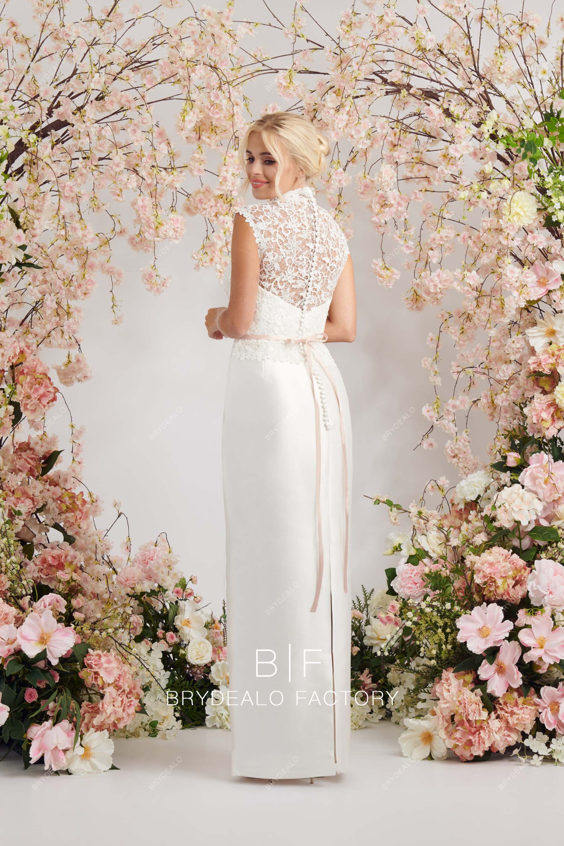 sleeveless back slit satin floor length bridal dress