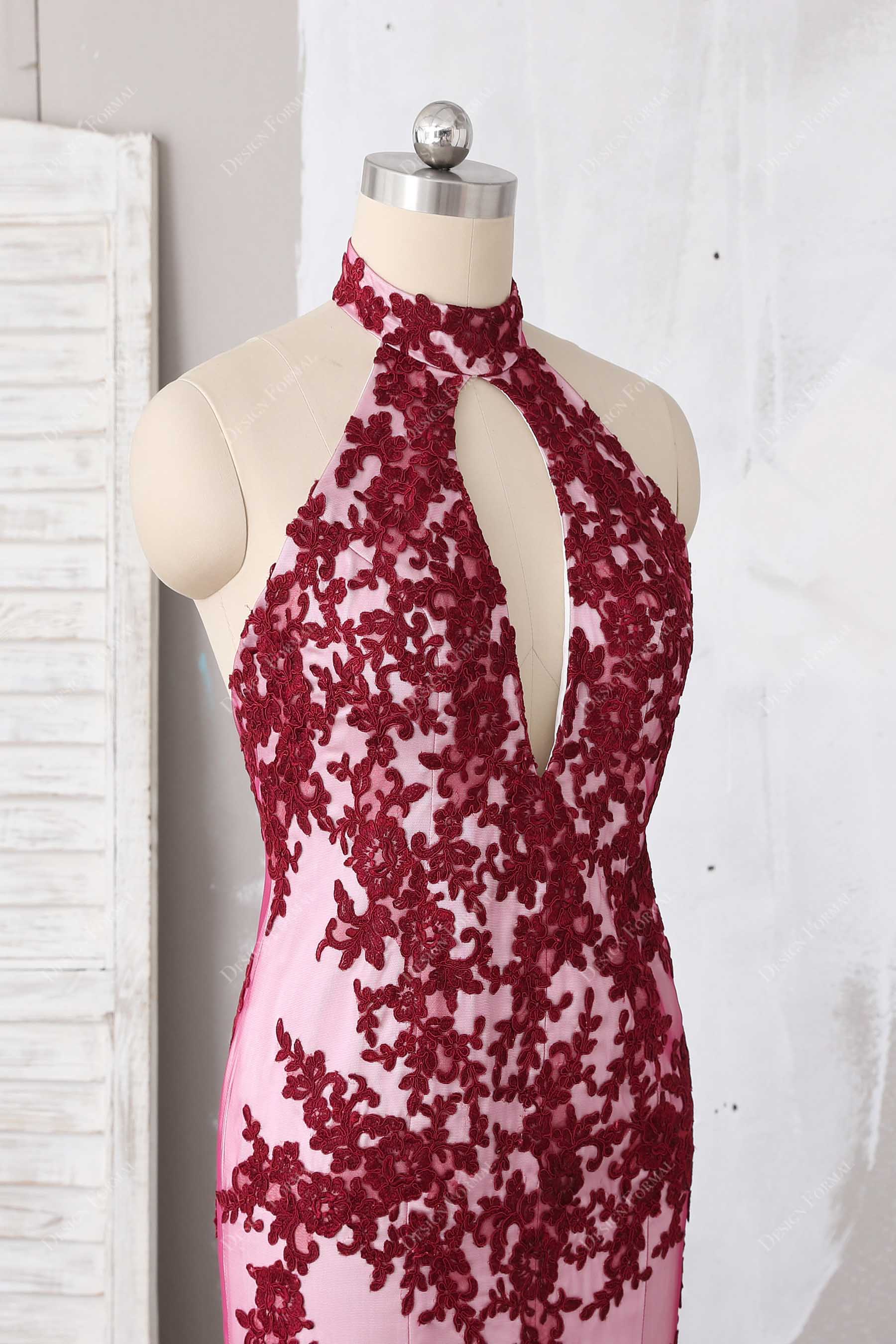 sleeveless burgundy applique keyhole bodice