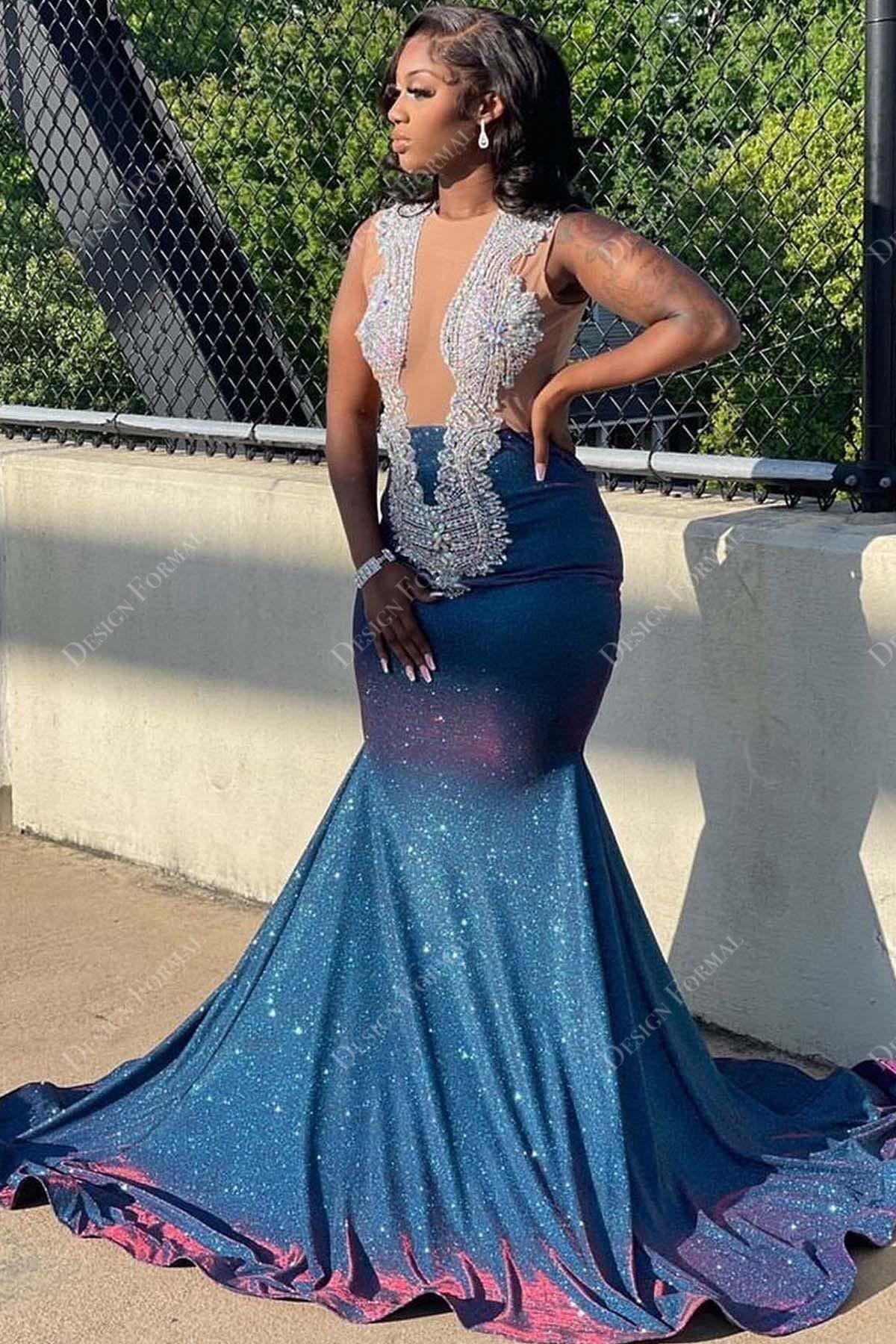 sleeveless crystal plunging neck glitter mermaid prom gown