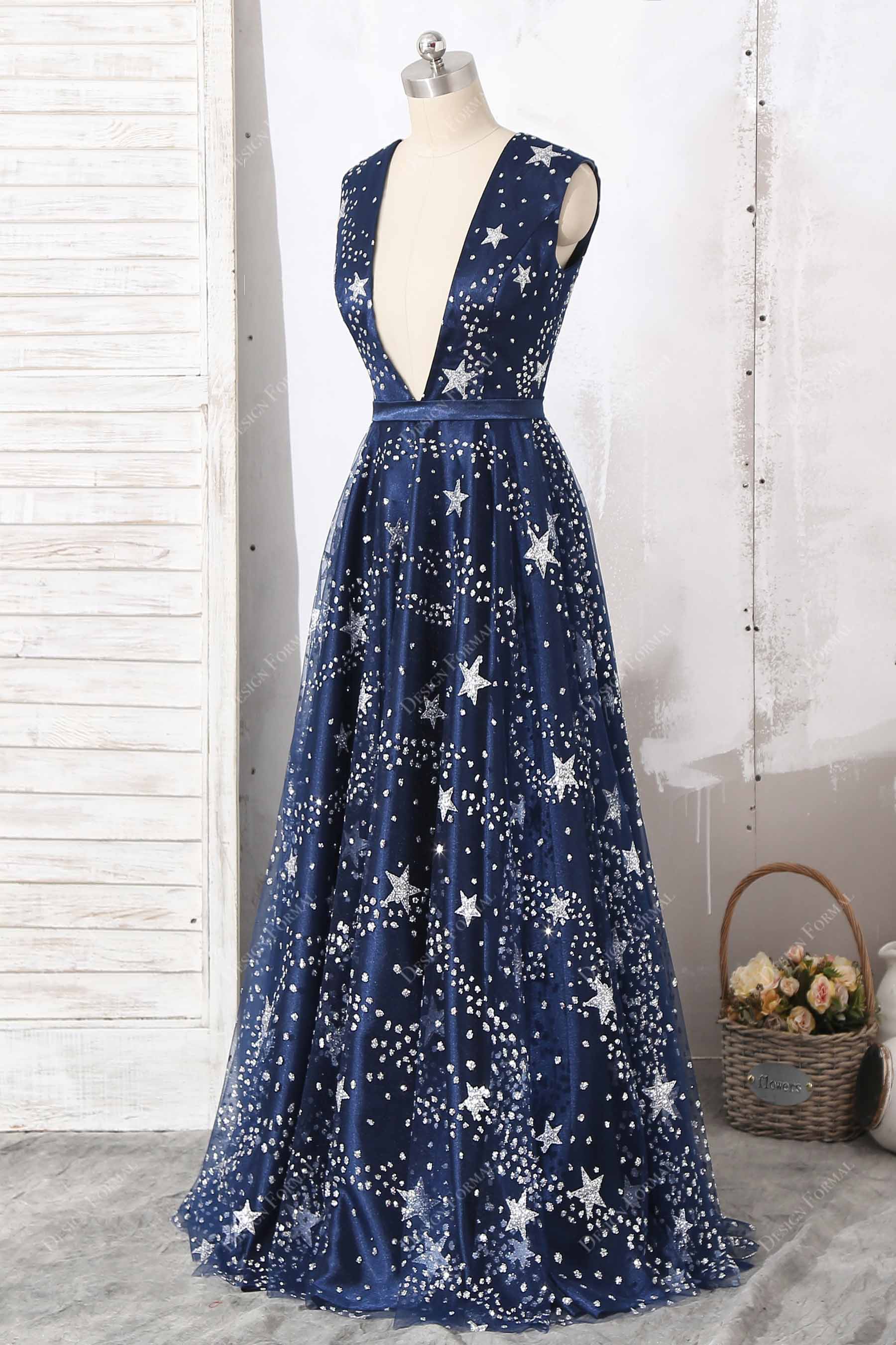 sleeveless glitter stars navy tulle formal dress