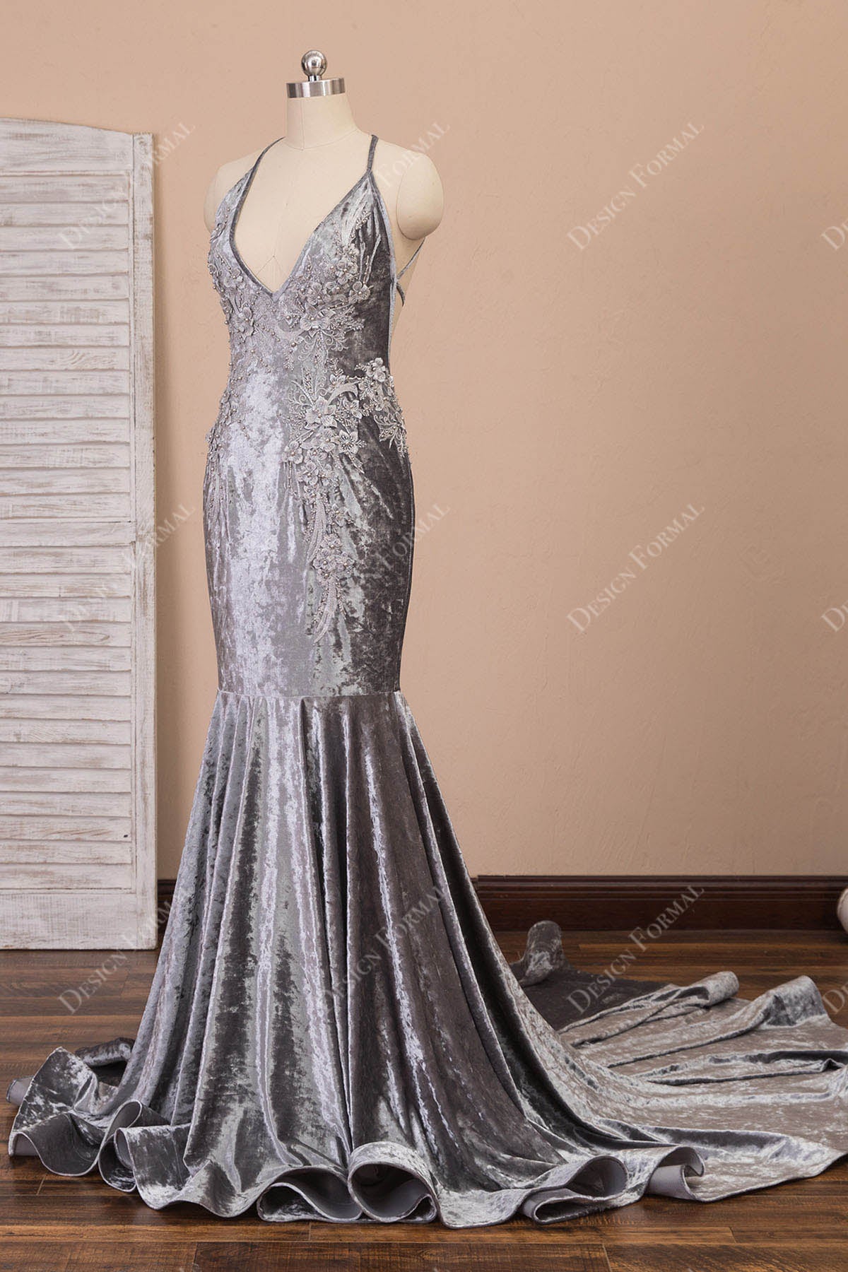 sleeveless halter V-neck velvet formal dress
