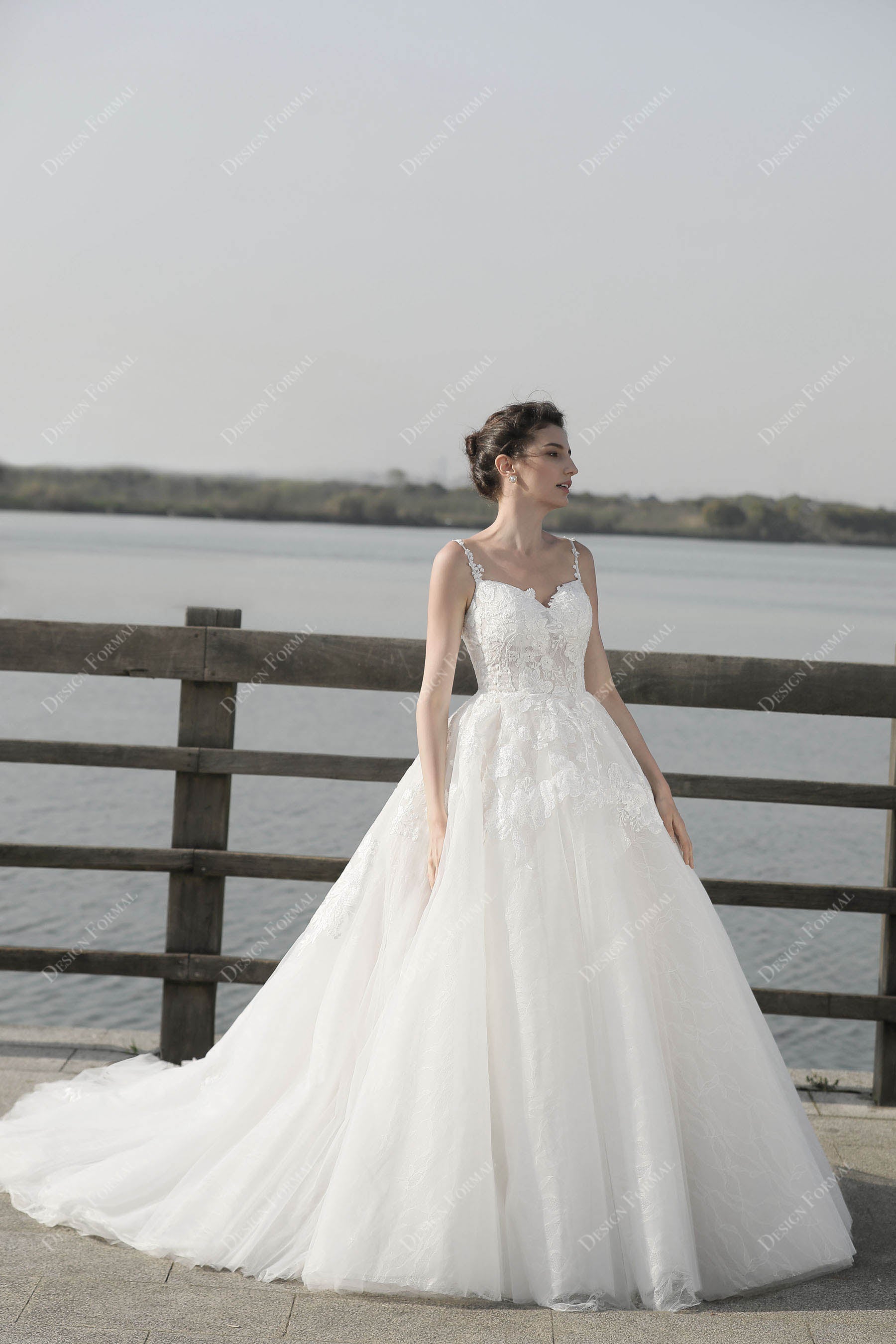 Thin Straps Lace Tulle Princess Ball Gown Wedding Dress, image size:1800x2700