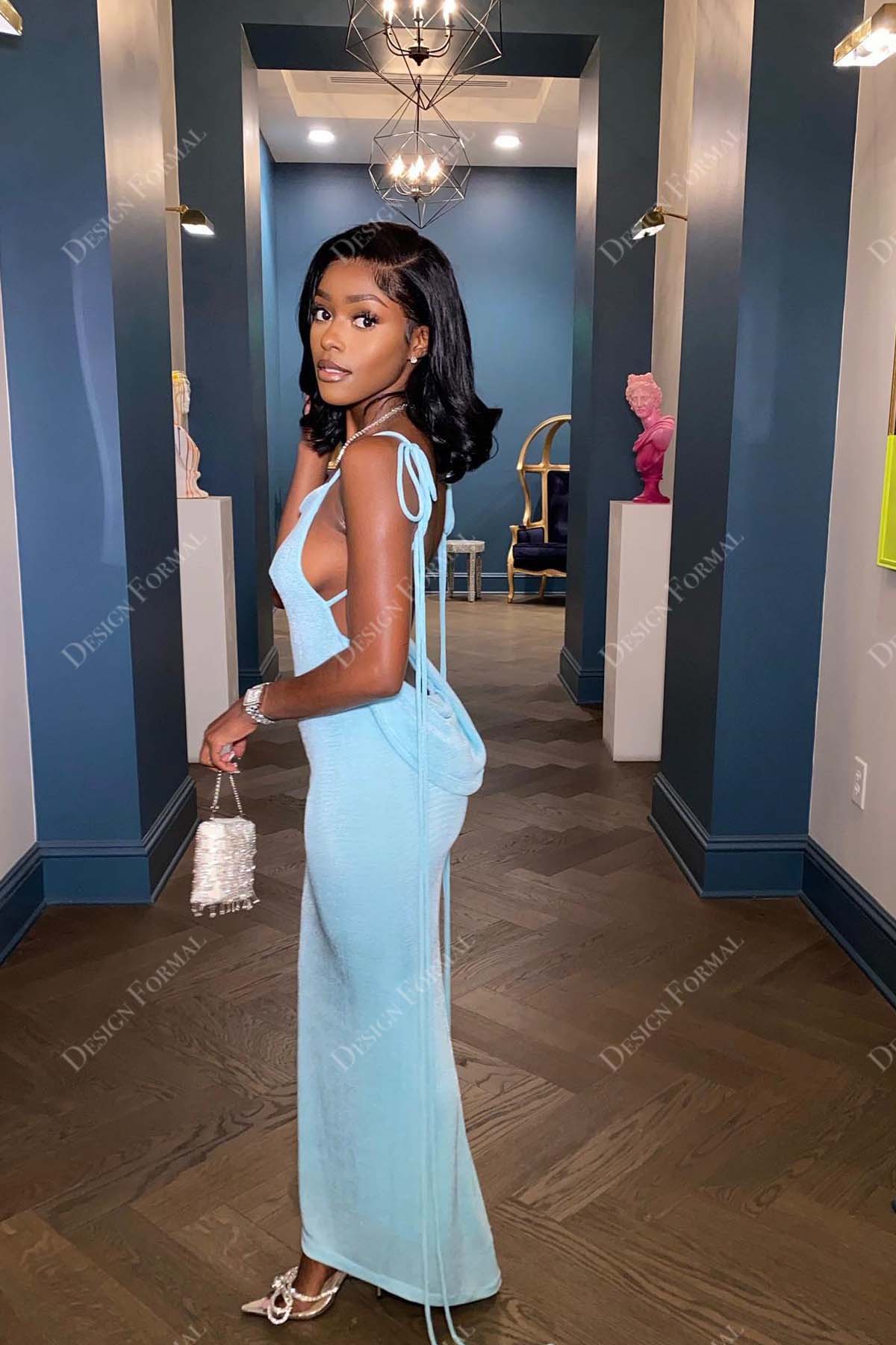 Mint Shiny Thin Straps Cowl Back Fishtail Prom Gown Mint Shiny Thin Straps Cowl Back Fishtail Prom Gown