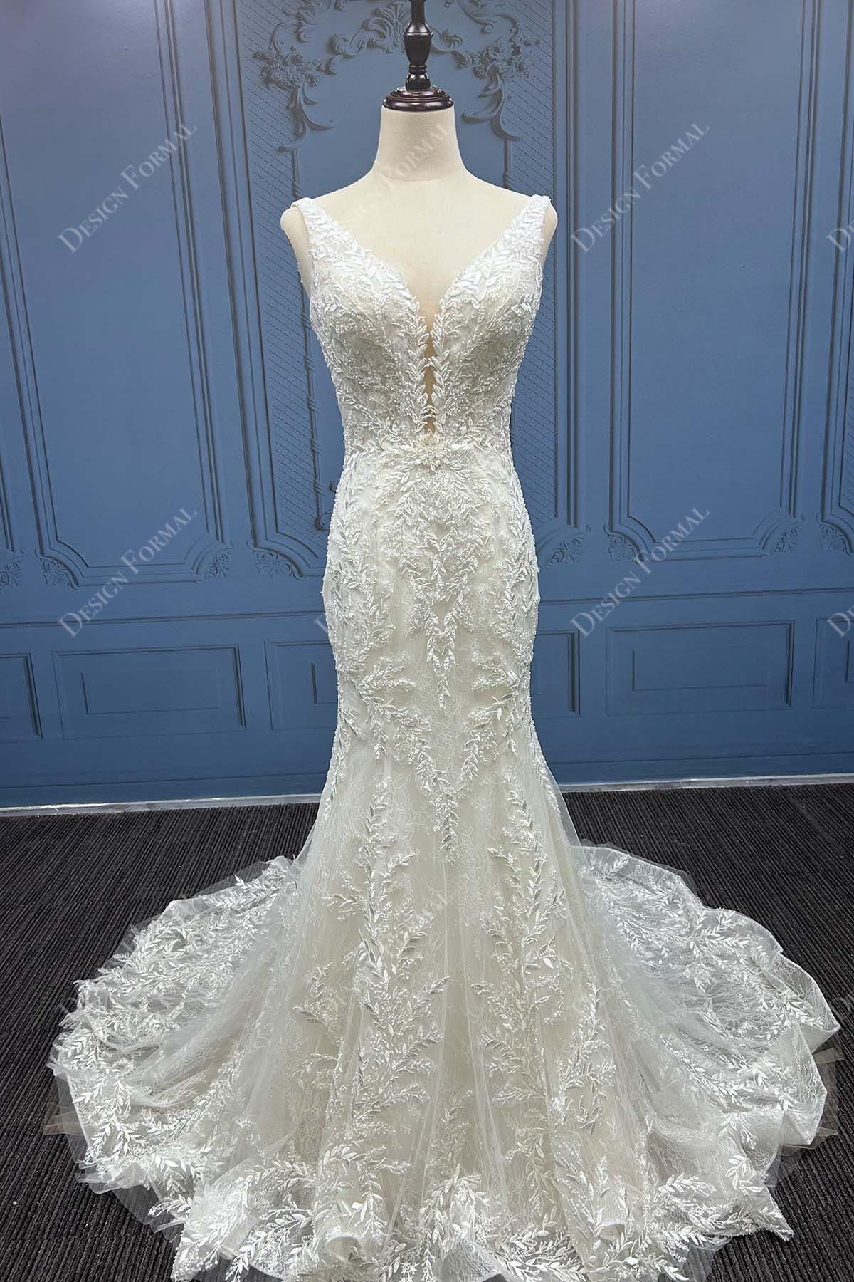 Designer Lace Plunging Neck Sleeveless Mermaid Bridal Dress