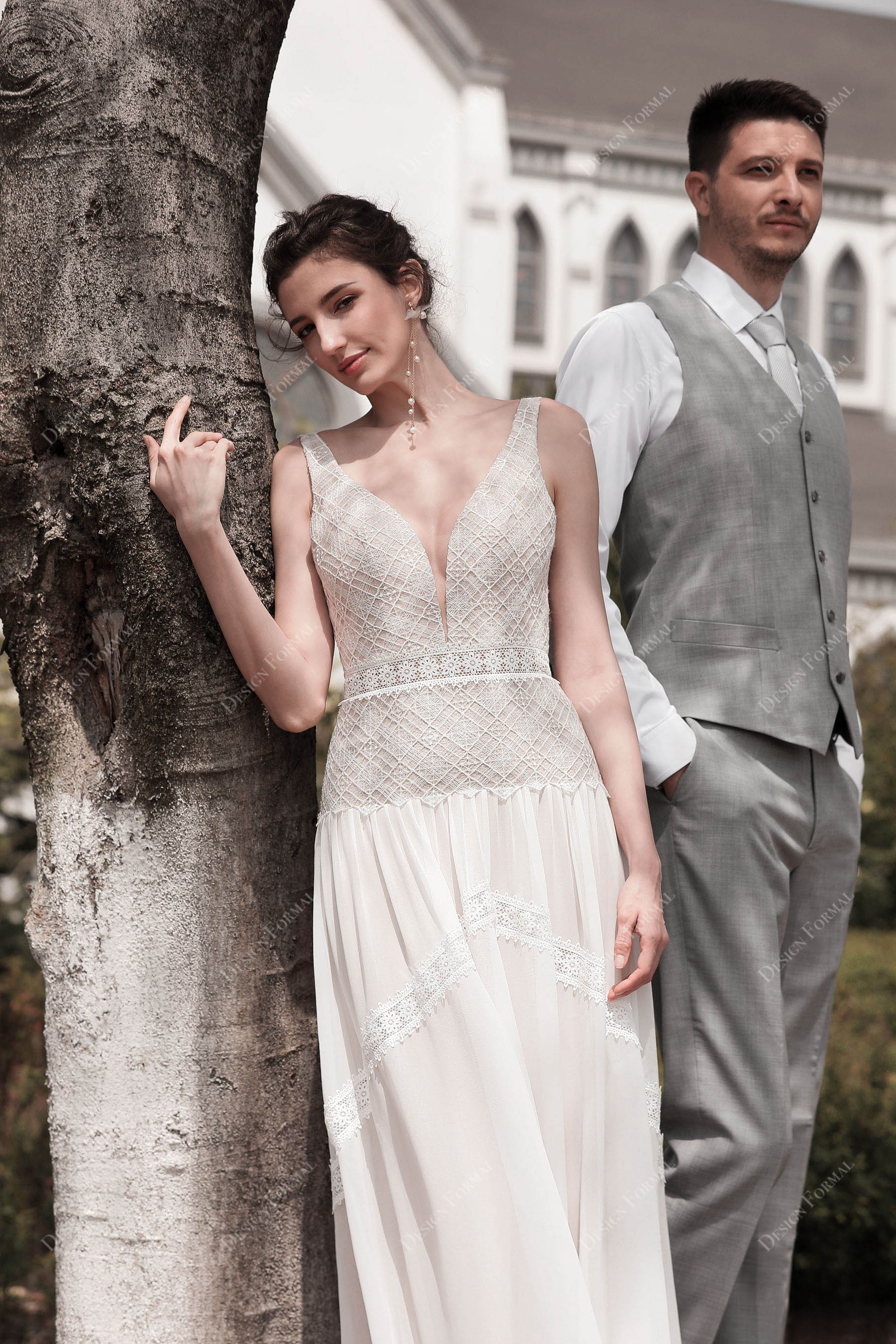 sleeveless drop waist lace boho bridal gown
