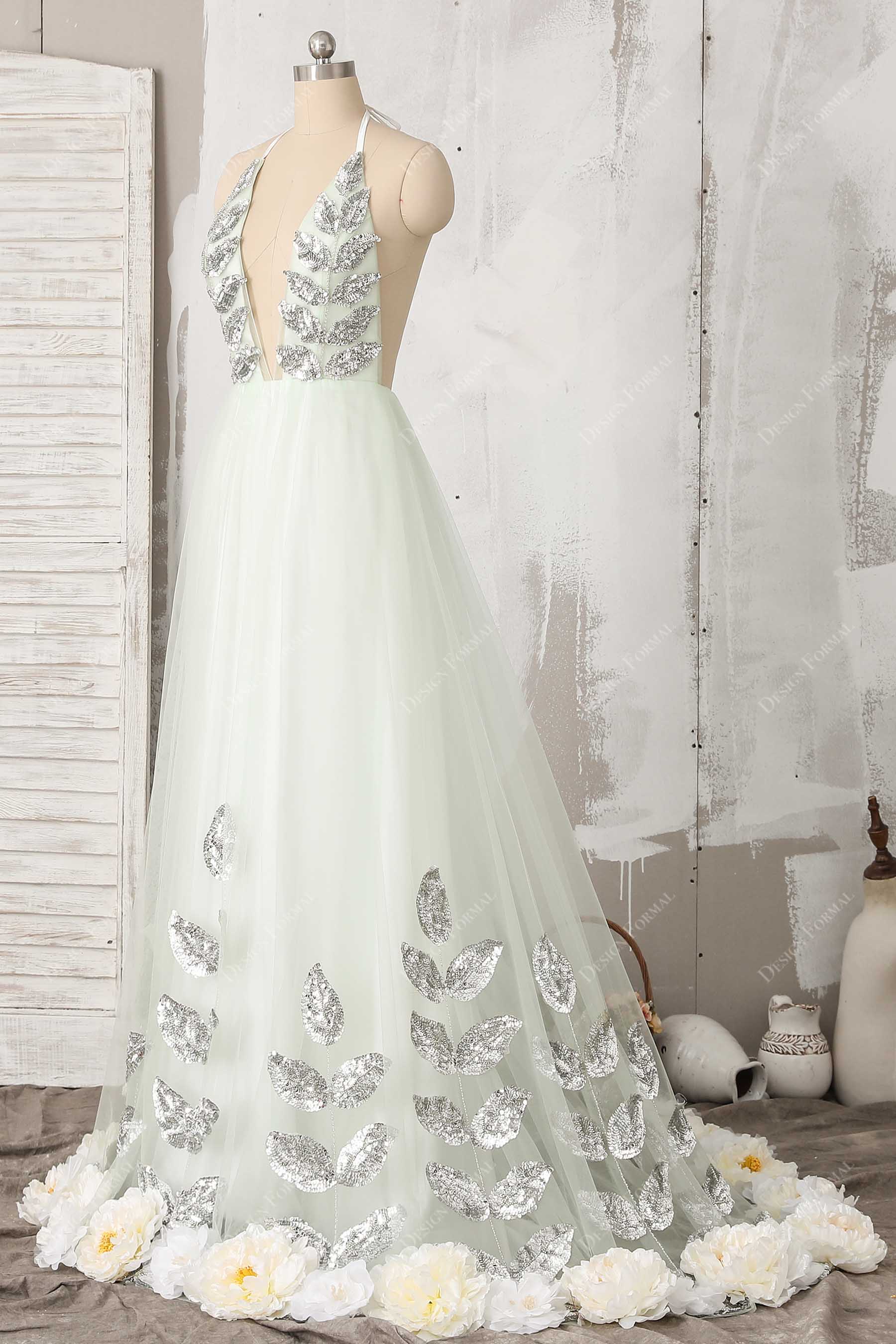 sleeveless plunging sequin leaves prom dress