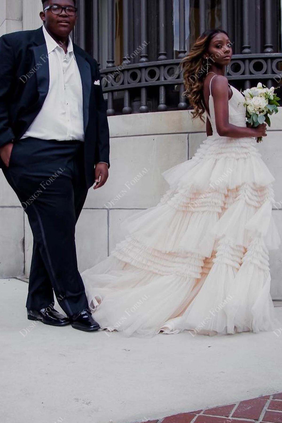 sleeveless thin straps ruffled tiered tulle long wedding dress