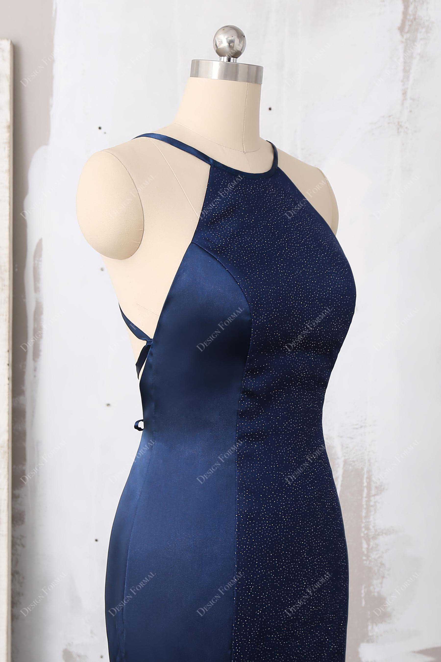 sleeveless satin navy halter neck