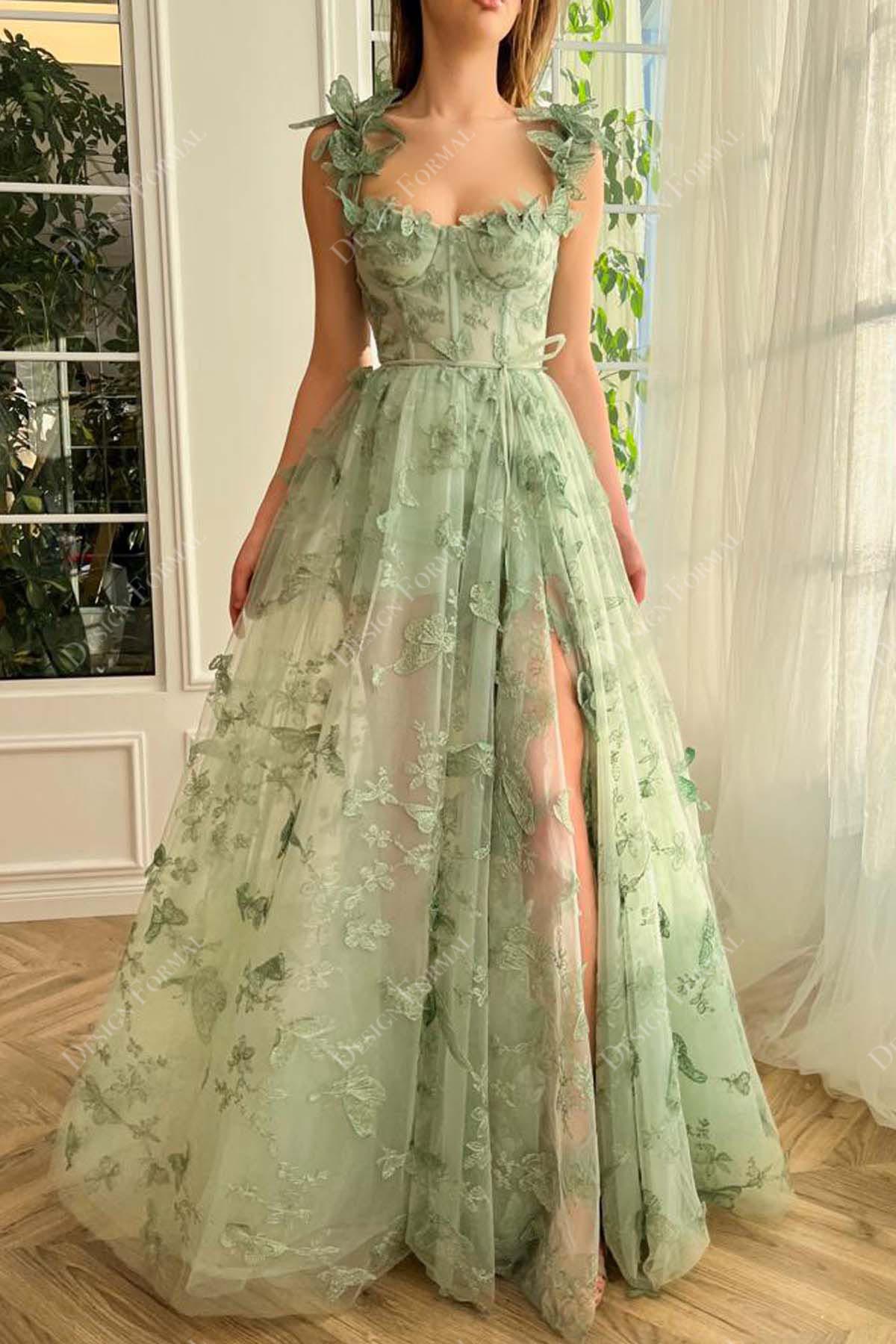 Butterfly Lace Straps Corset Sage Custom Slit A-line Fairytale Dress Butterfly Lace Straps Corset Sage Custom Slit A-line Fairytale Dress