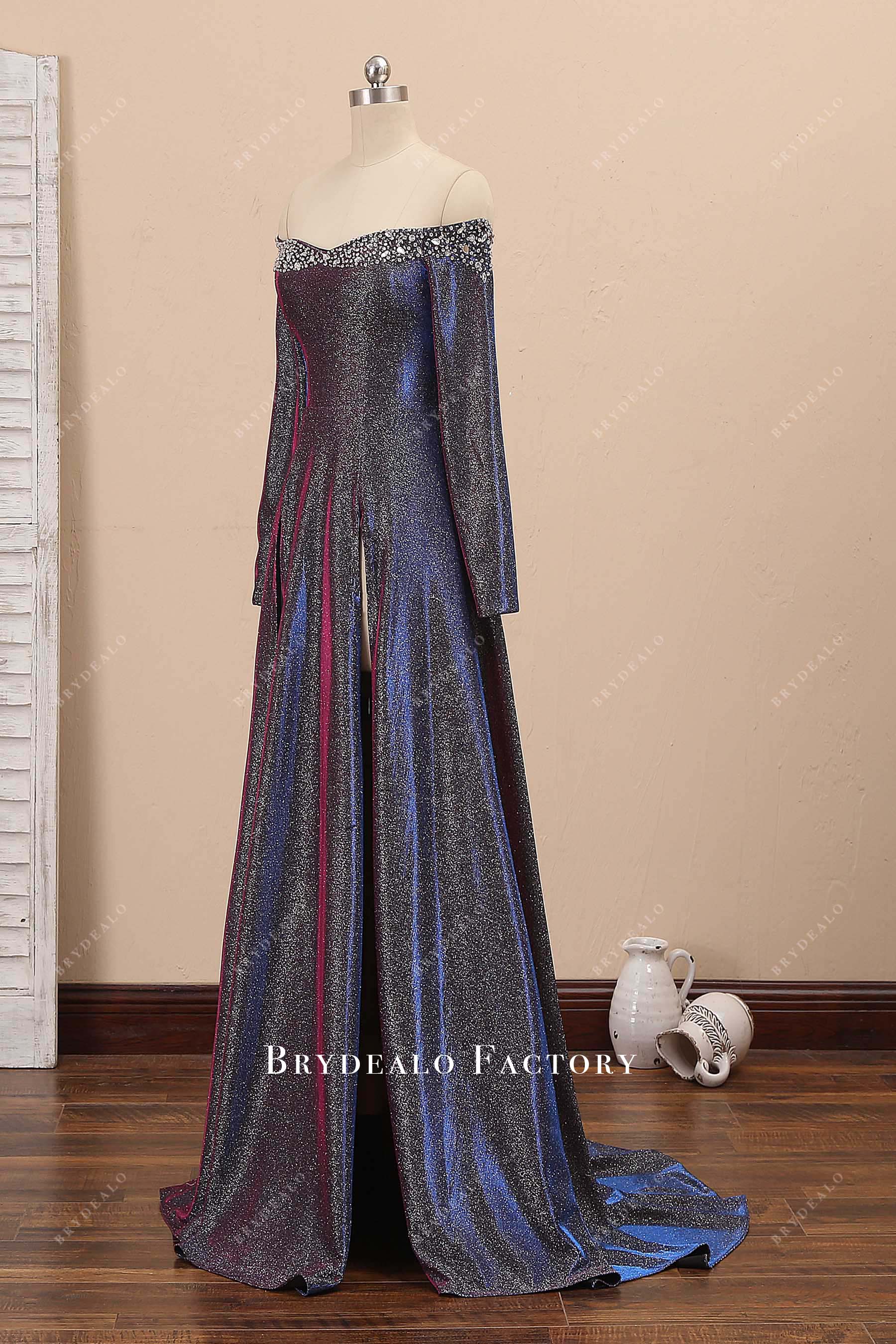 Slit A-line Sparkly Metallic Prom Dress