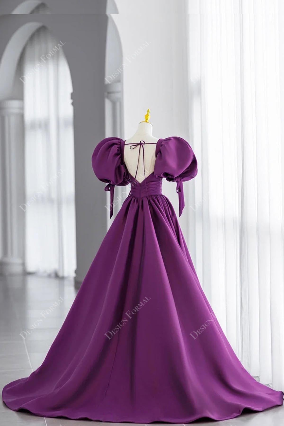 small train open back purple evening dress