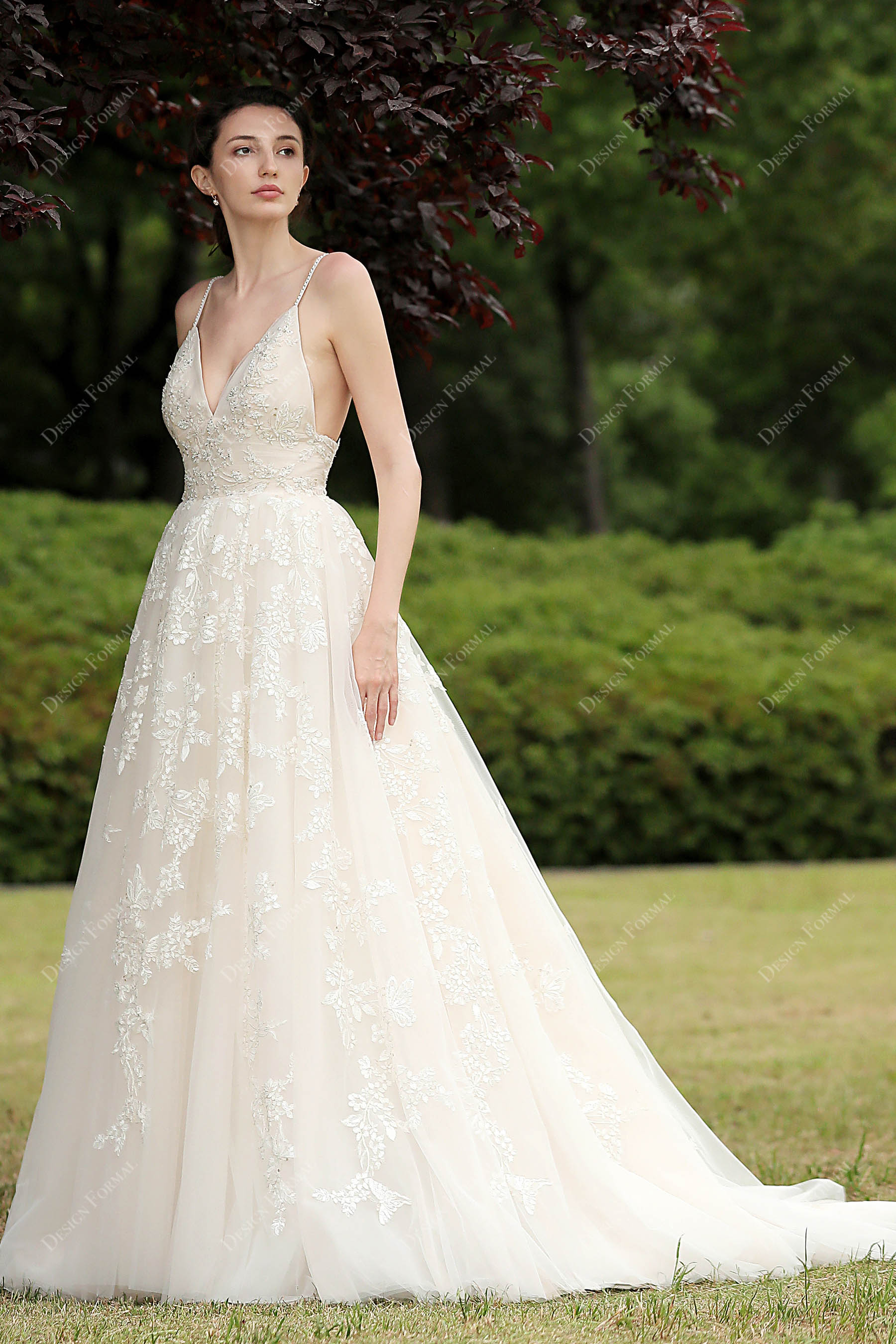 Spaghetti Strap Beautiful Floral Lace Nude Empire A-Line Bridal Dress, White Spaghetti Strap Beautiful Floral Lace Nude Empire A-Line Bridal Dress, White
