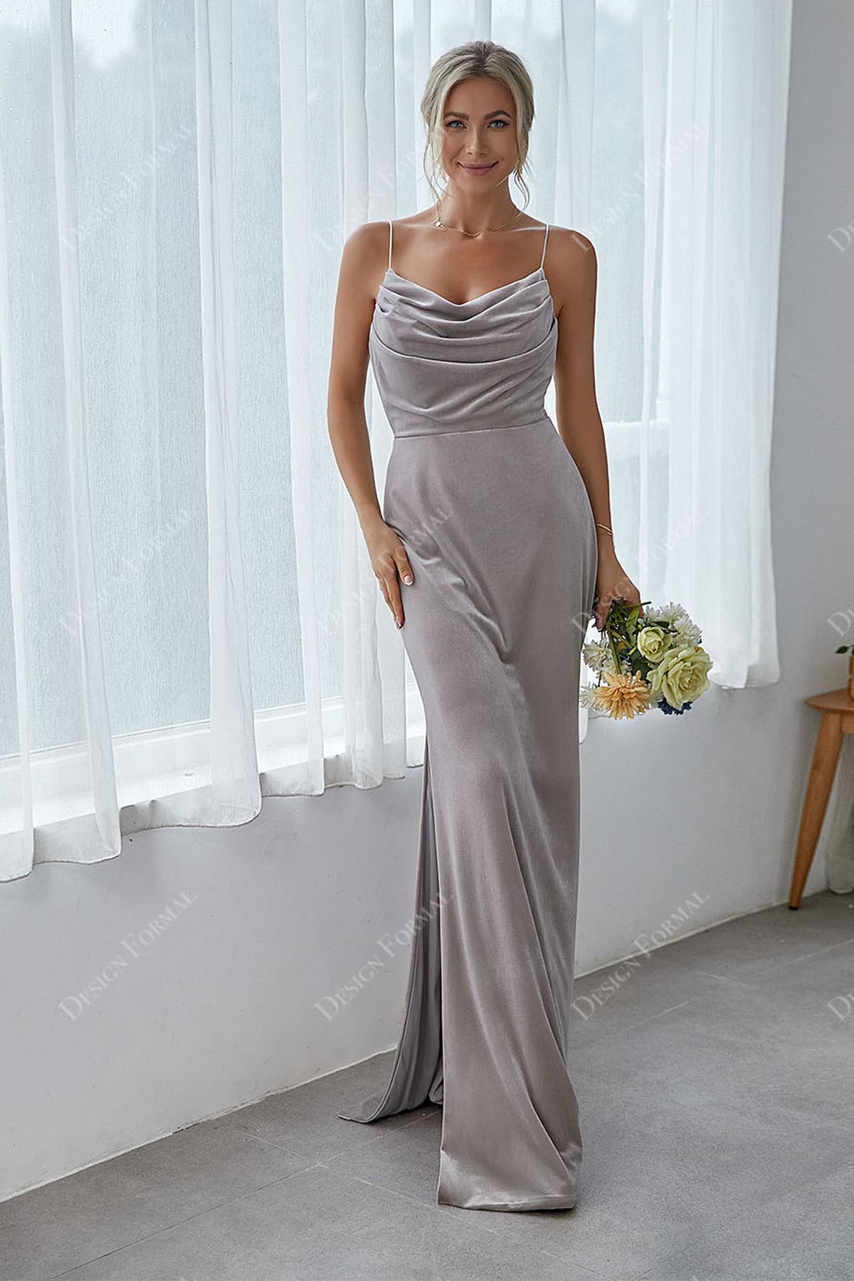 Grey Velvet Spaghetti Strap Sexy Slit Sheath Bridesmaid Prom Gown Grey Velvet Spaghetti Strap Sexy Slit Sheath Bridesmaid Prom Gown