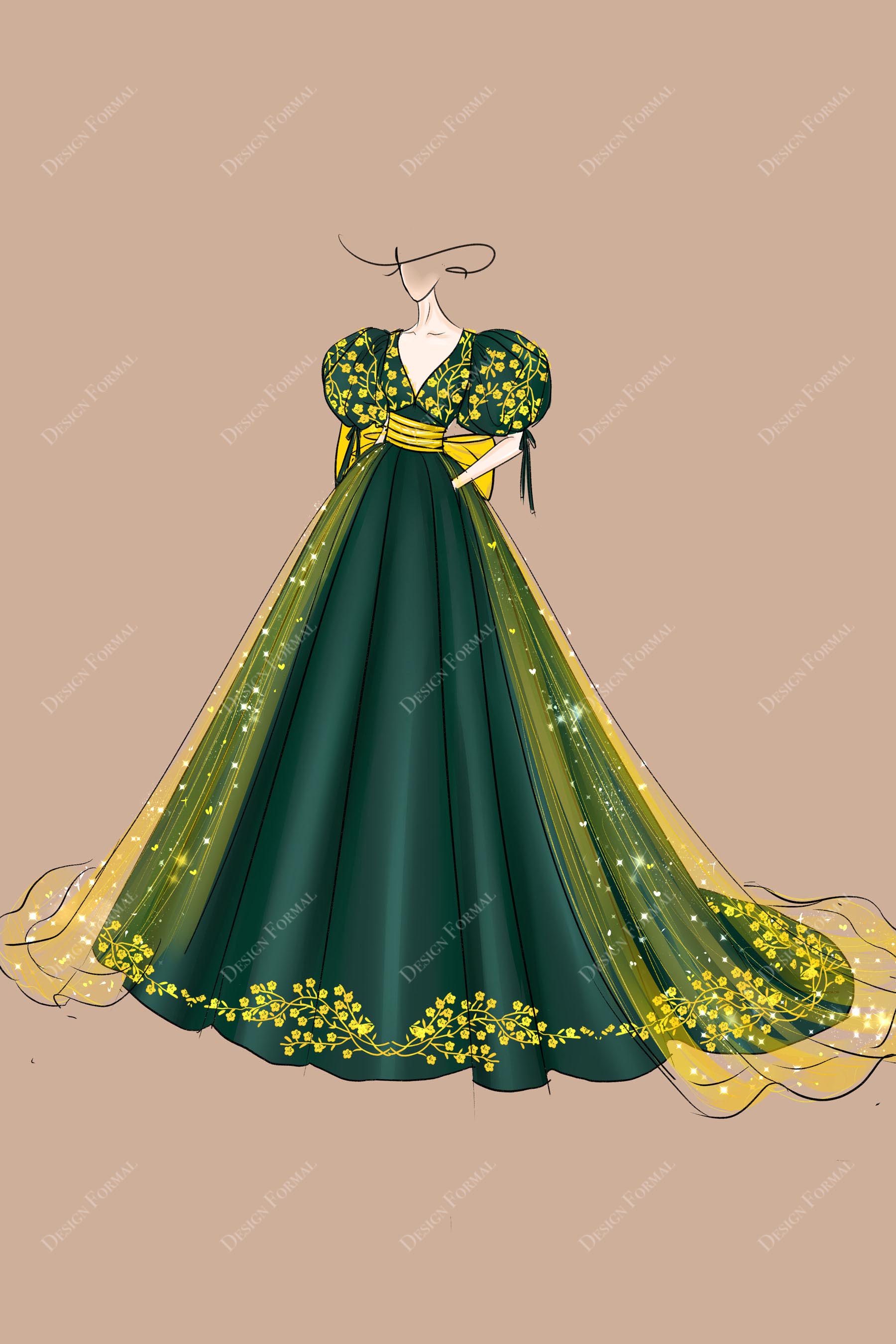 Emerald Green Satin Gold Embroidery Overskirt Wedding Dress Sketch, A Custom Sketch Emerald Green Satin Gold Embroidery Overskirt Wedding Dress Sketch, A Custom Sketch