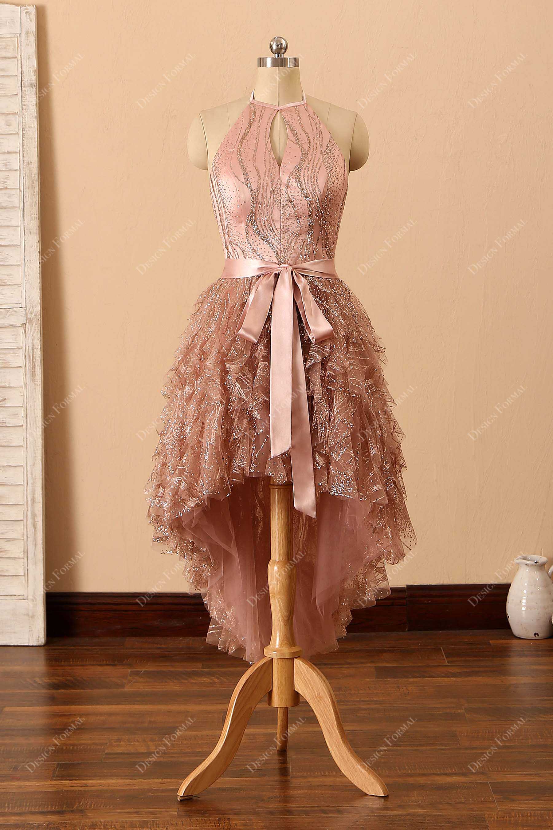 Rose Gold Glitter Keyhole Halter Ruffle High-Low Cocktail Dress Rose Gold Glitter Keyhole Halter Ruffle High-Low Cocktail Dress