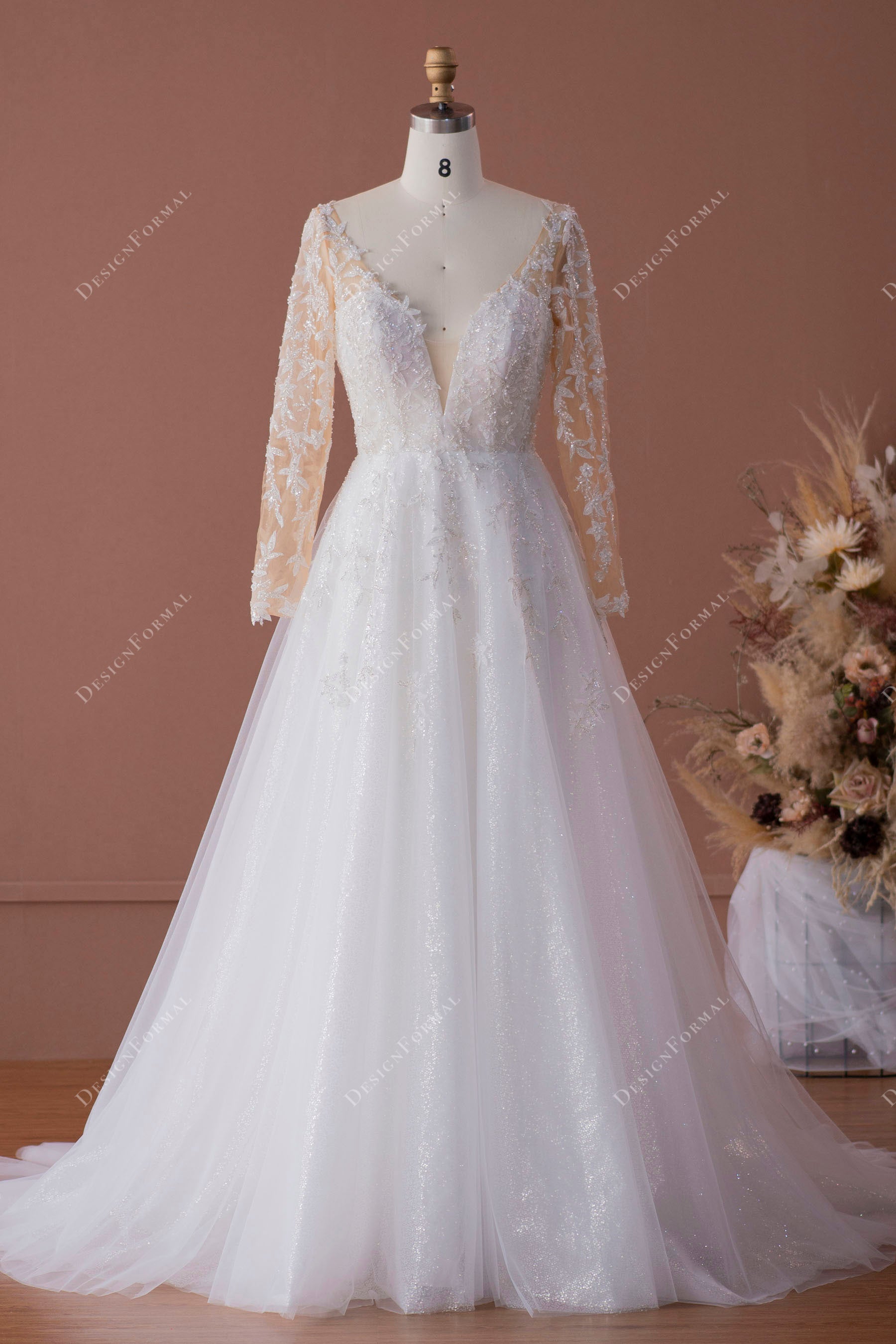 Leaf Lace Plunge Tulle Illusion Sleeved A-line Wedding Dress Leaf Lace Plunge Tulle Illusion Sleeved A-line Wedding Dress