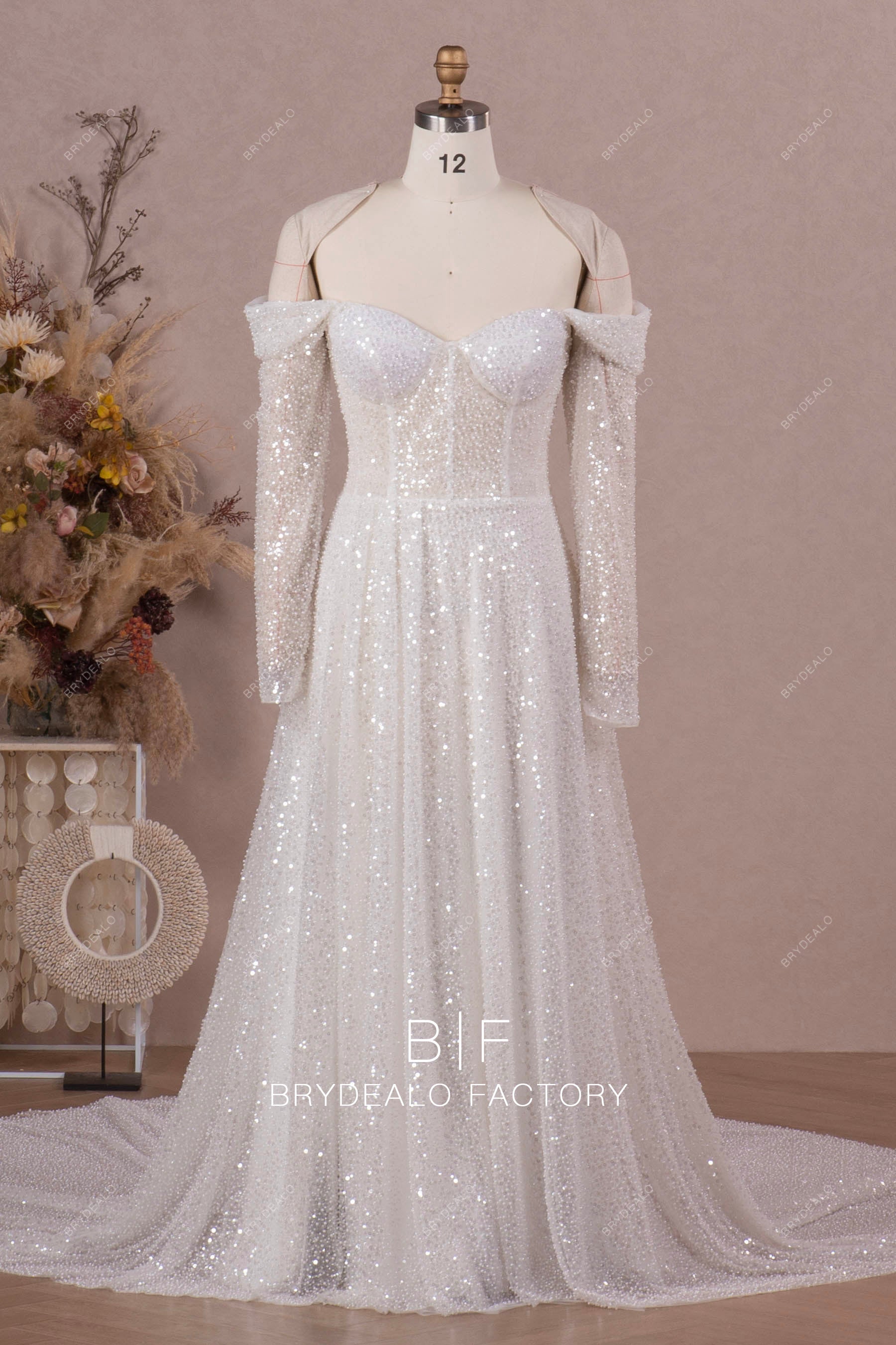 Sparkly Beading Sequins Off Shoulder Long Sleeve Wedding Dress Sparkly Beading Sequins Off Shoulder Long Sleeve Wedding Dress