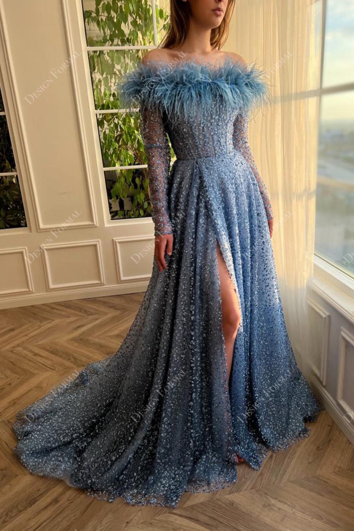 Feathered Off-Shoulder Custom Dusty Blue Sparkly Slit A-Line Dress Feathered Off-Shoulder Custom Dusty Blue Sparkly Slit A-Line Dress