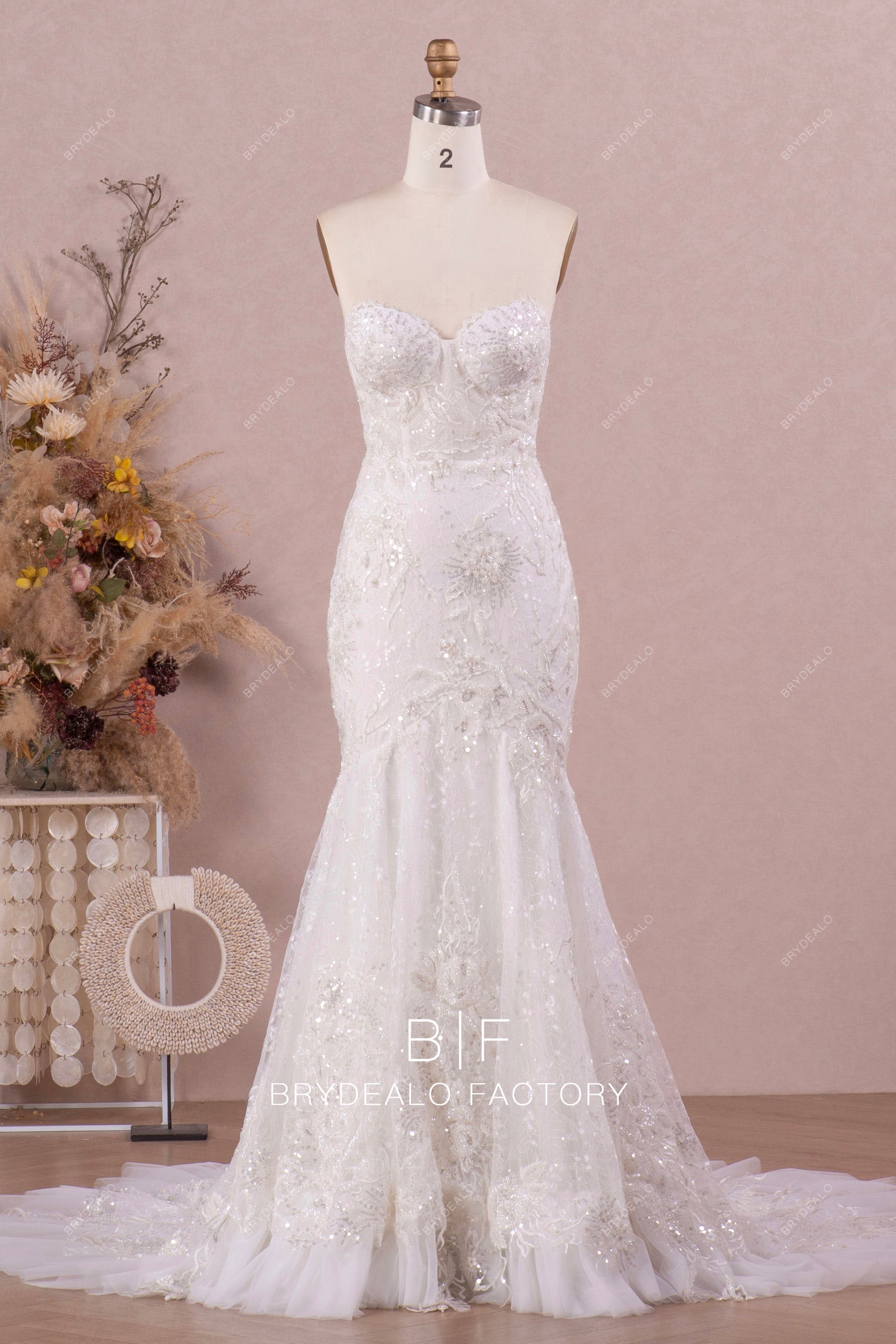 White Lace Strapless Designer Mermaid Wedding Gown