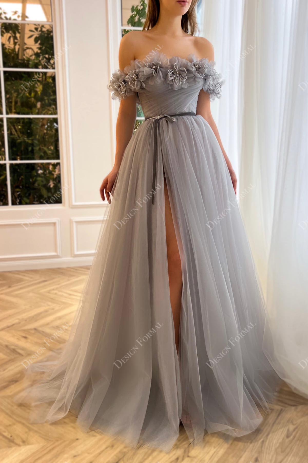 high split cocktail dress Mermaid Asymmetrical Beaded Floor-length Sleeveless Prom Very suitable for All Season Grey Hand-made 3D flowers Off-shoulder