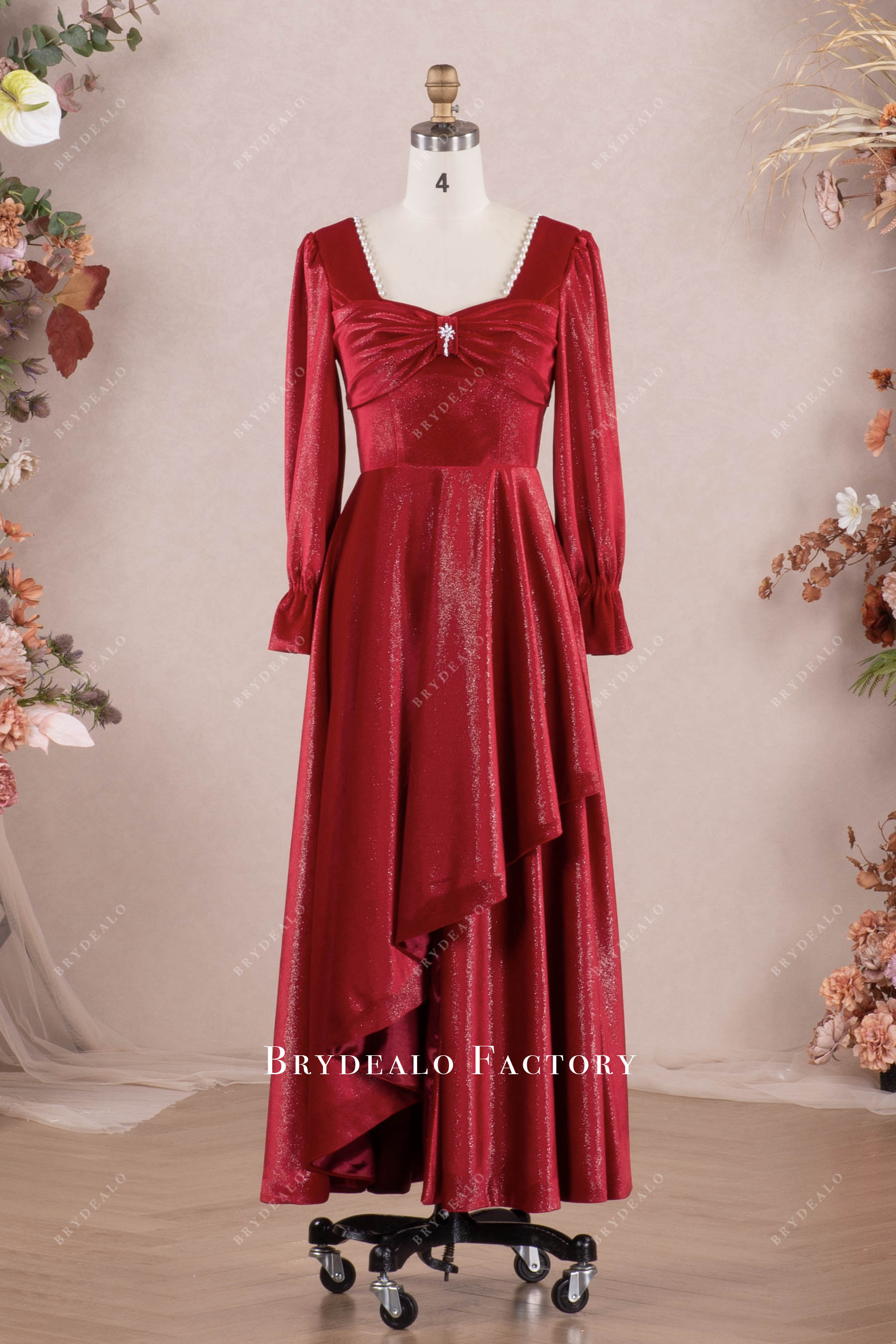 Red Shimmery Velvet Ankle Length Long Sleeve Host Evening Dress Red Shimmery Velvet Ankle Length Long Sleeve Host Evening Dress