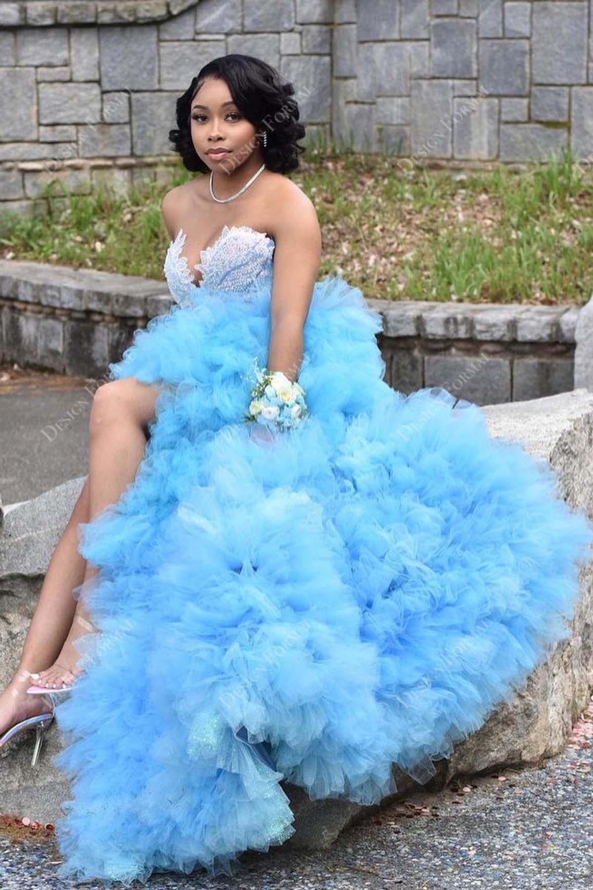 strapless grey beaded sky blue ruffled tulle slit prom gown
