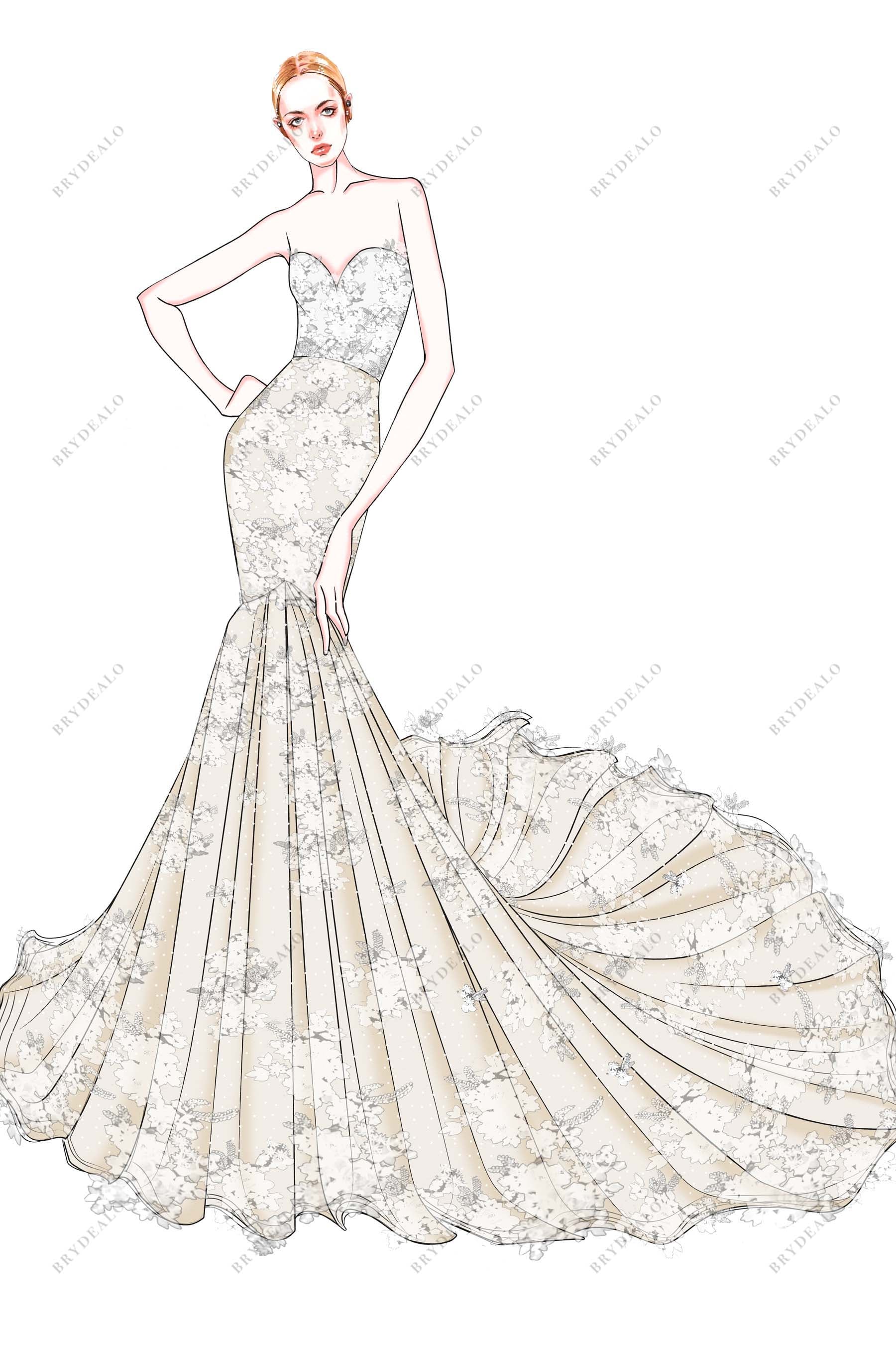 Strapless Ivory Lace Champagne Mermaid Designer Wedding Dress Sketch, A Custom Sketch Strapless Ivory Lace Champagne Mermaid Designer Wedding Dress Sketch, A Custom Sketch