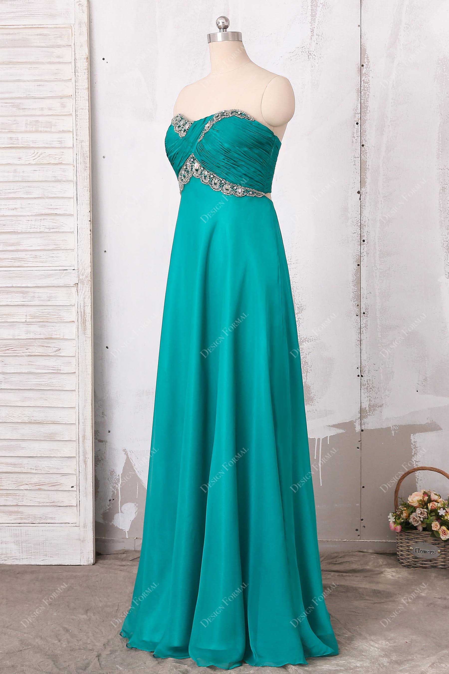 strapless ruched green chiffon bridesmaid dress