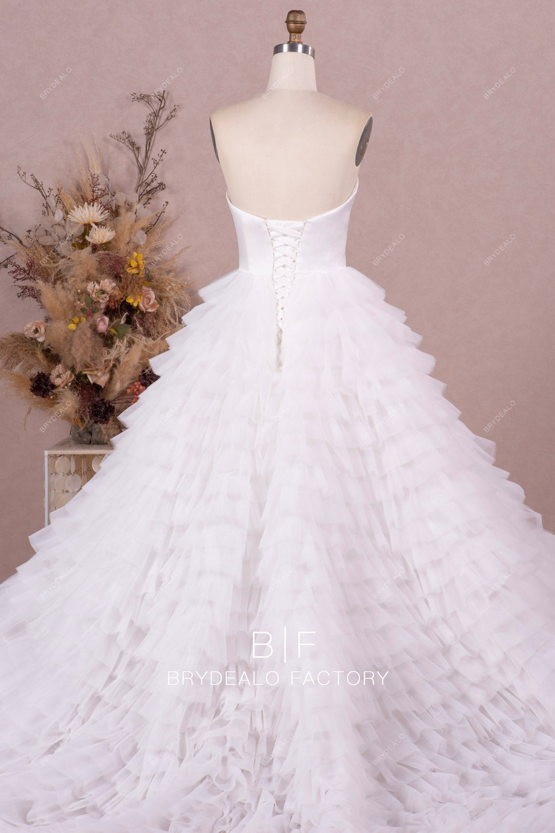 open lace-up back corset long tiered wedding dress