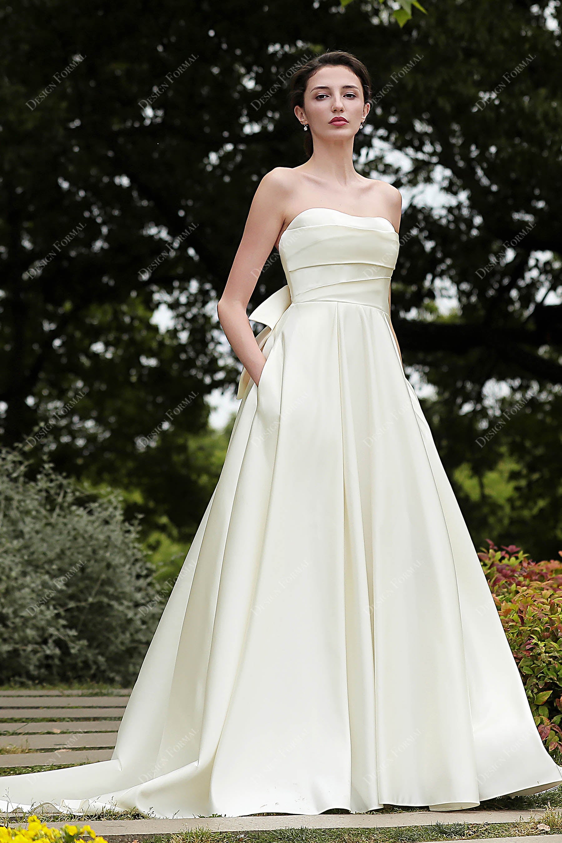 Cream Satin A-line Wedding Dress with Pockets