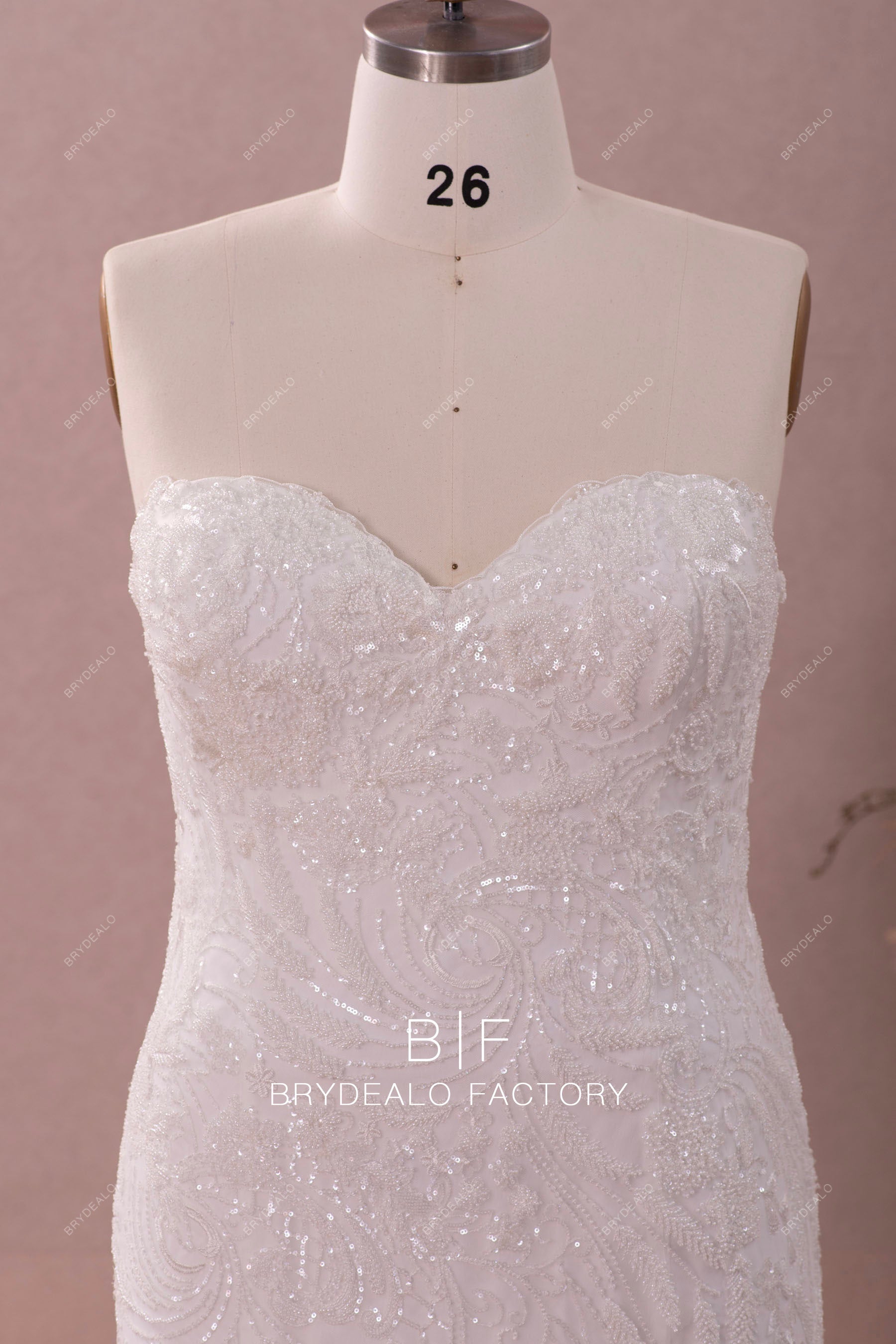 beaded lace strapless sweetheart neck wedding dress