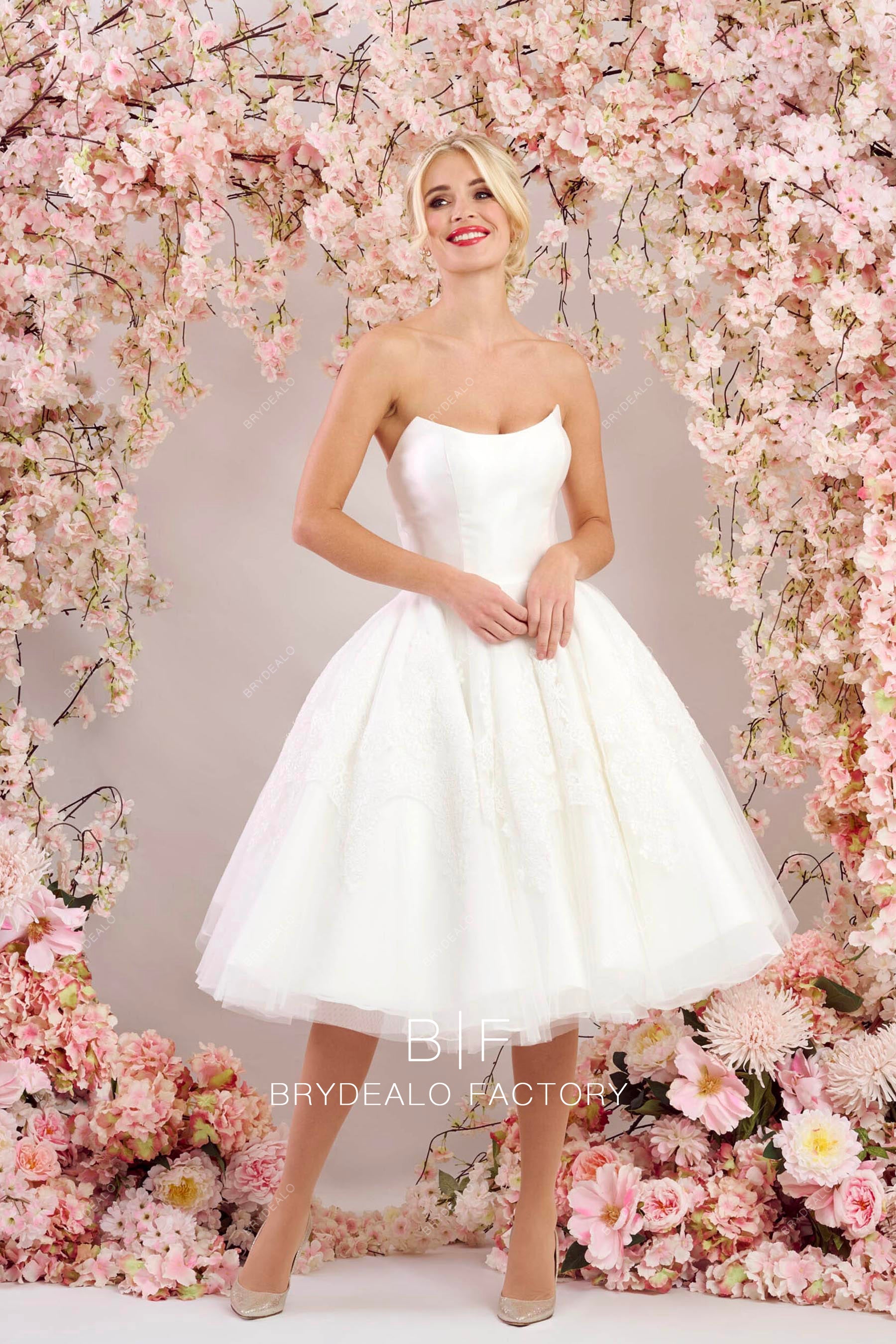 strapless scoop neck puffy tea-length bridal dress