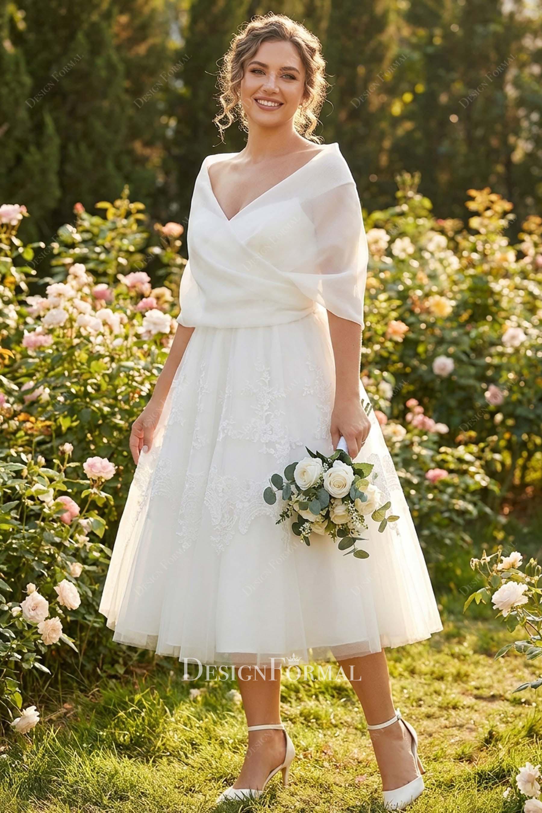 strapless scoop neck puffy tea-length bridal dress