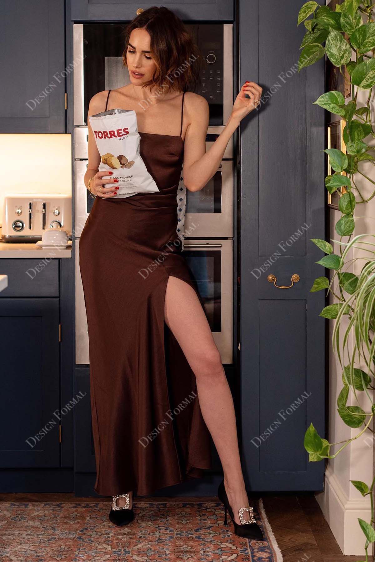 thin straps ankle length brown satin high split mermaid prom gown