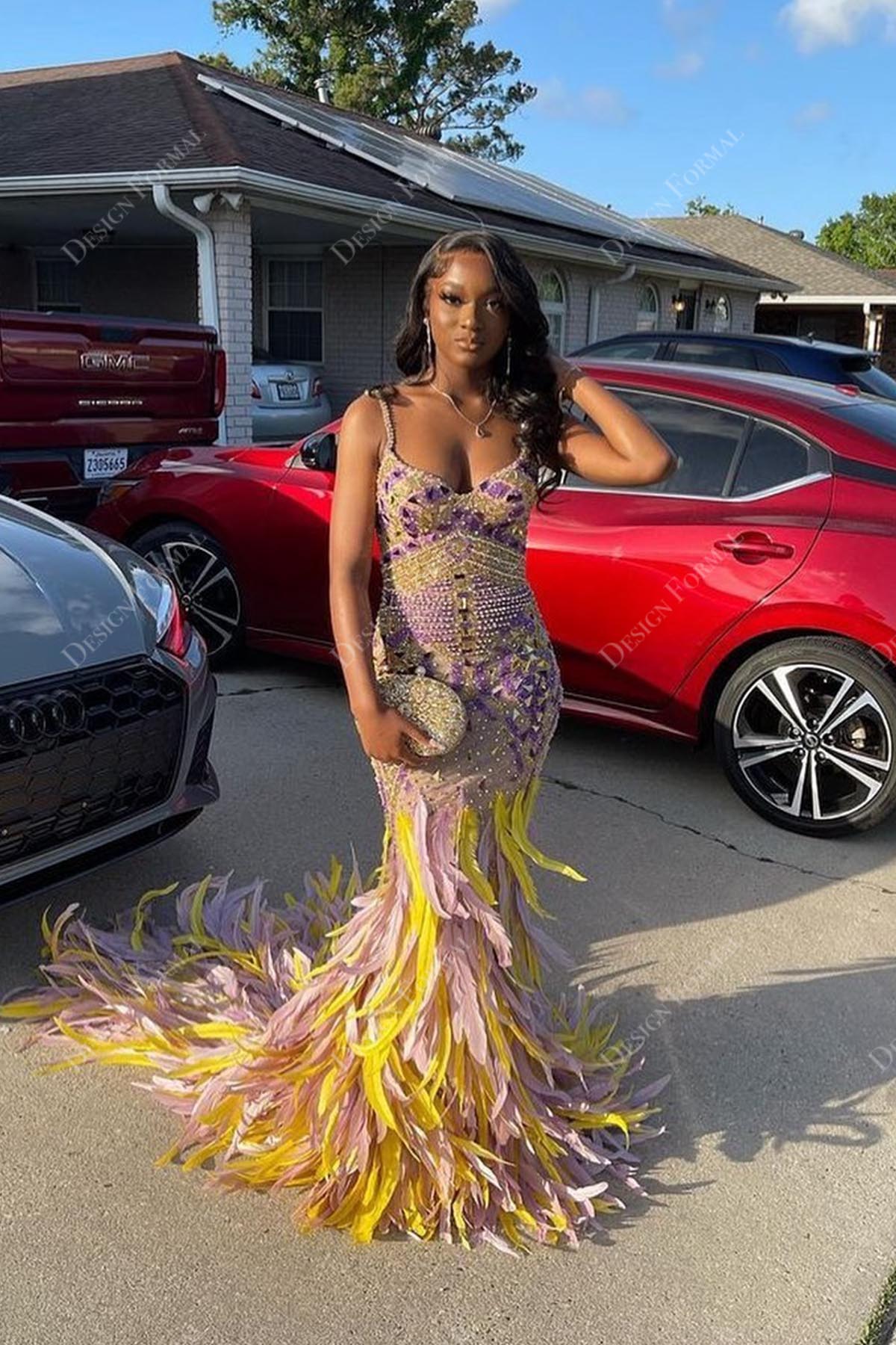 thin straps beaded V-neck feather mermaid prom long dress