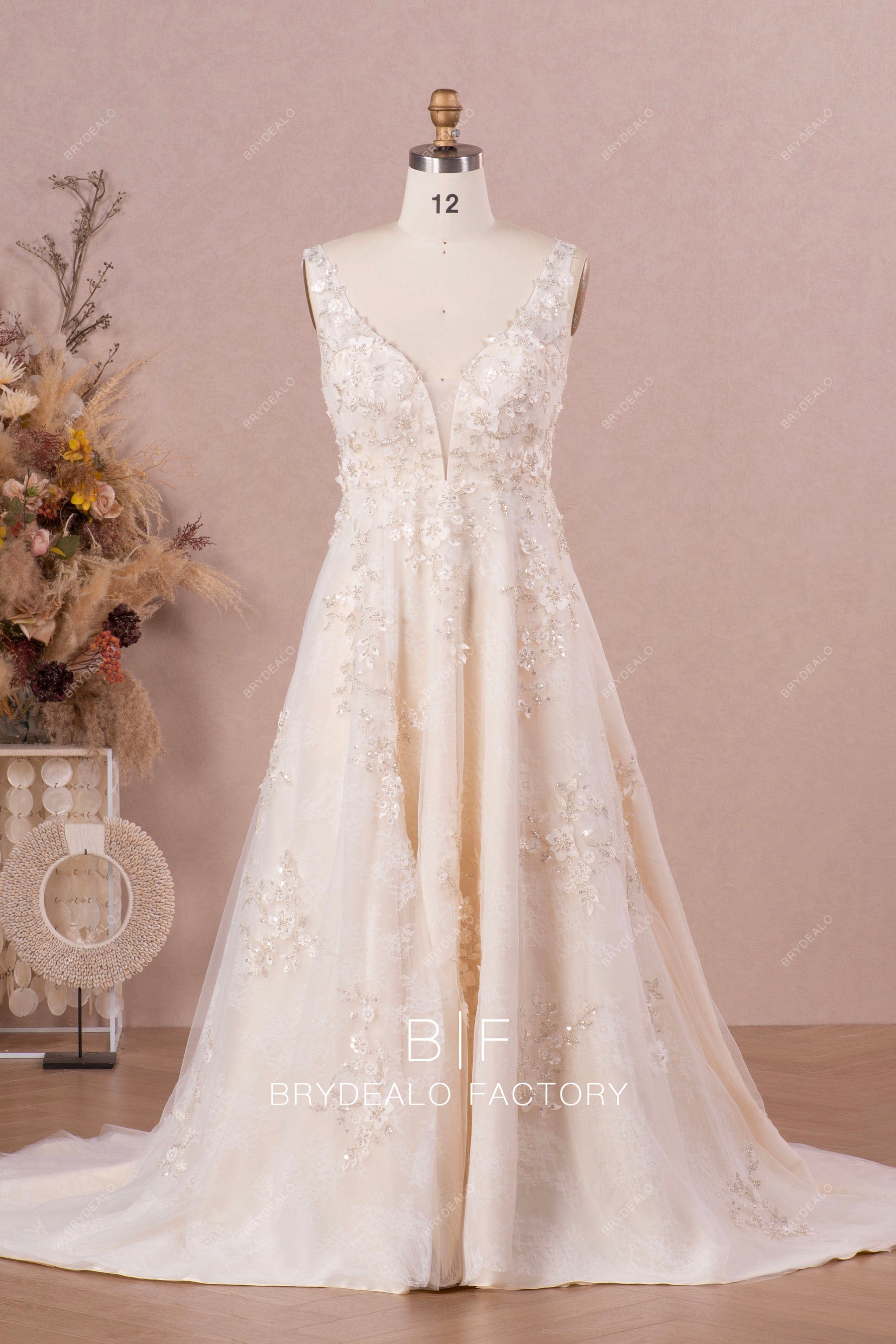 designer sleeveless 3D lace flower lace Aline wedding dress