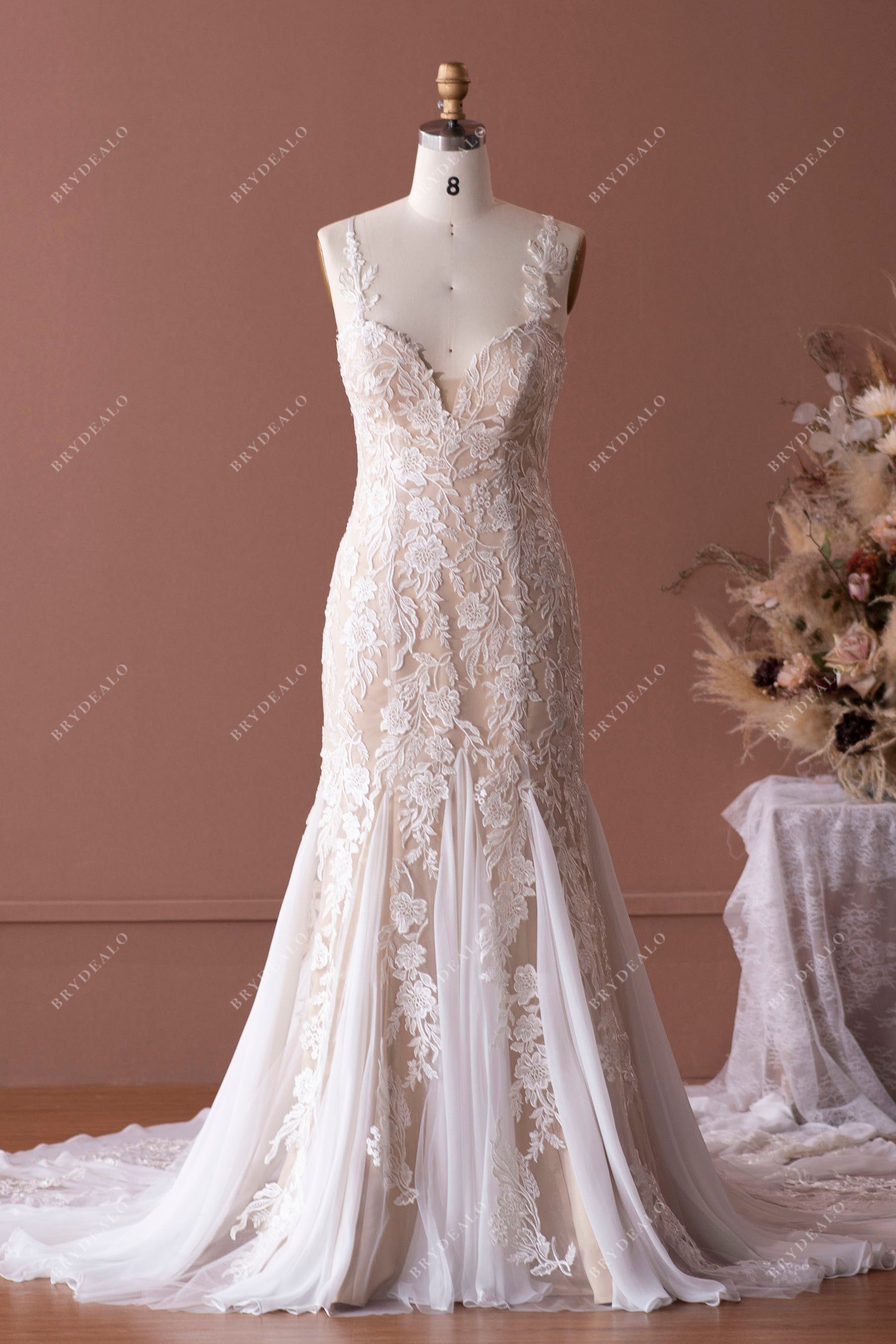 lace and chiffon mermaid wedding dress Elegant Mermaid Wedding Gown with Bell Sleeves and Removable Lace Bows Chiffon Wedding Dress with V-Shaped Back Plus Size