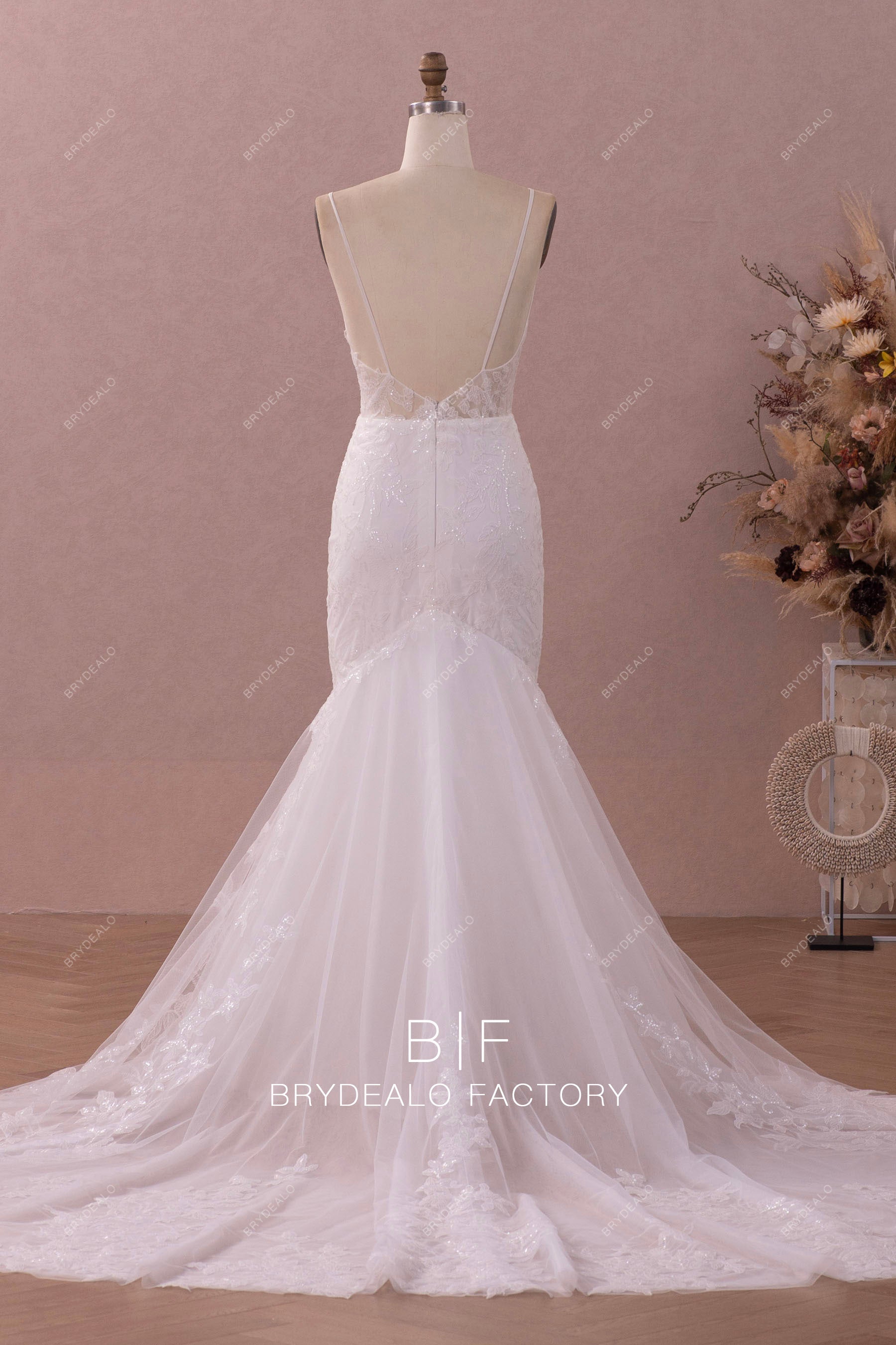 chapel train mermaid lace wedding dress