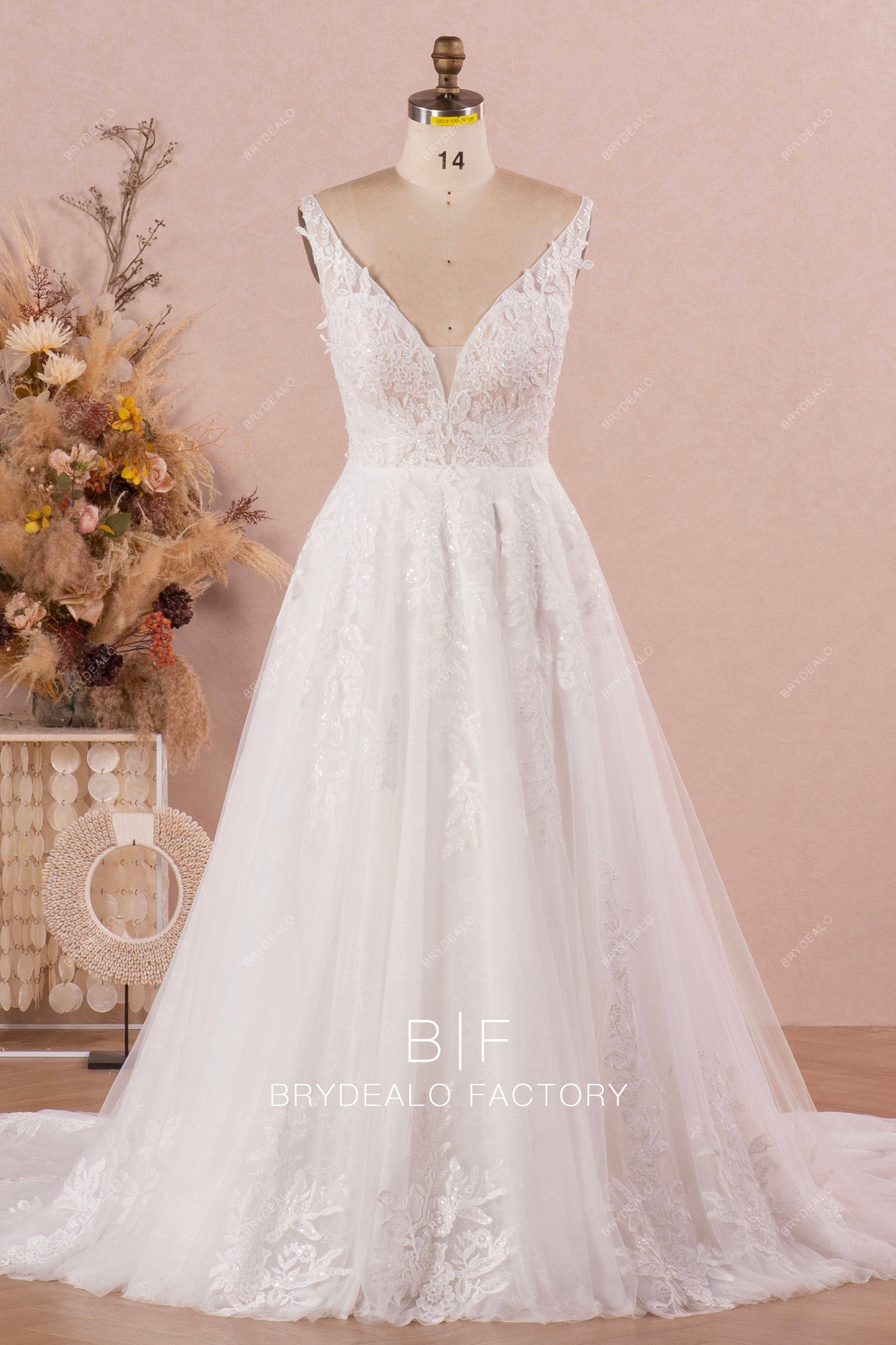 Designer Shimmer Lace Sleeveless Plunging Neck Long Bridal Dress Designer Shimmer Lace Sleeveless Plunging Neck Long Bridal Dress