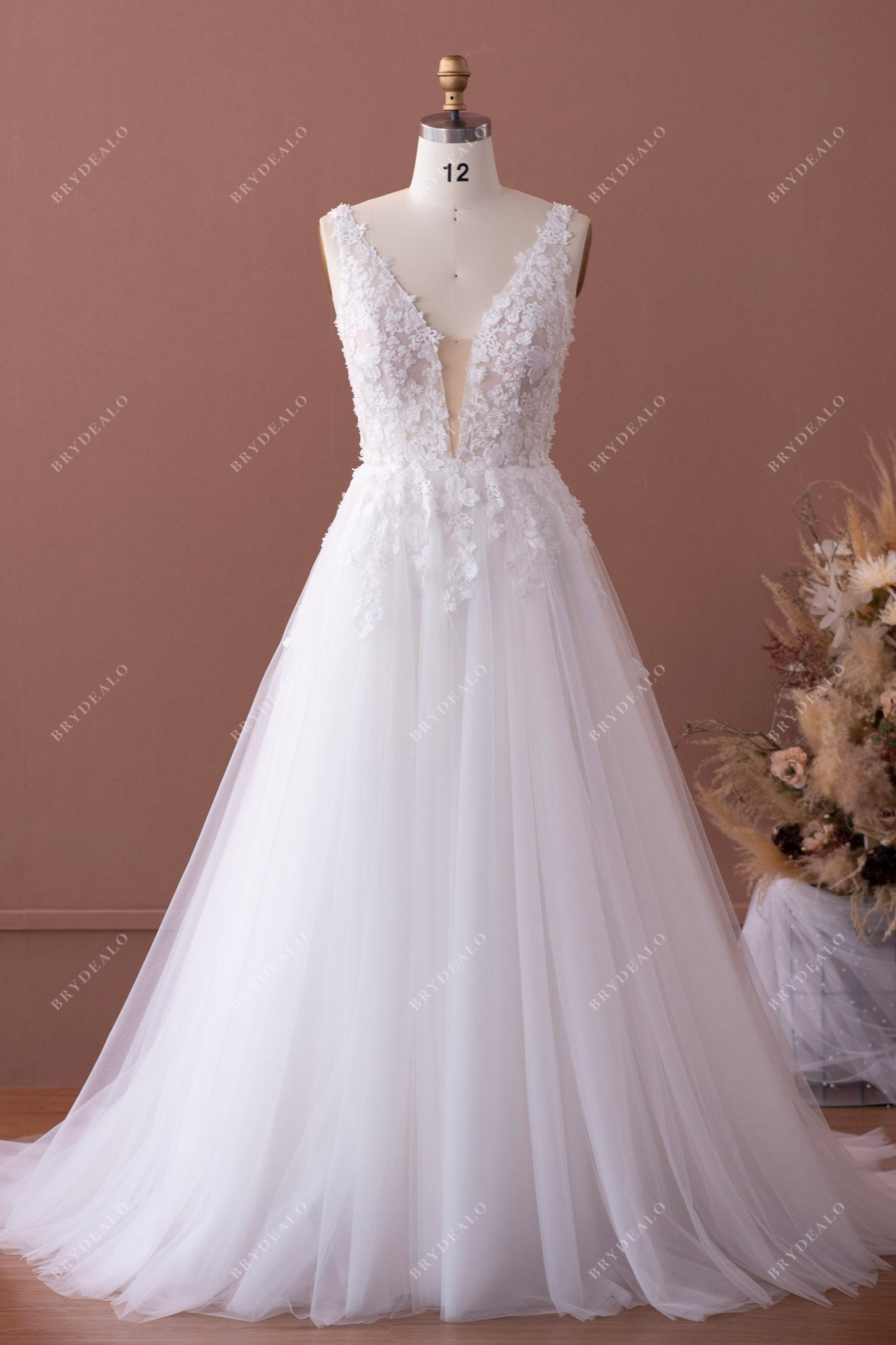 tulle wedding dress designer Romantic Lace and Tulle A-Line Wedding Dress with Plunging Neckline