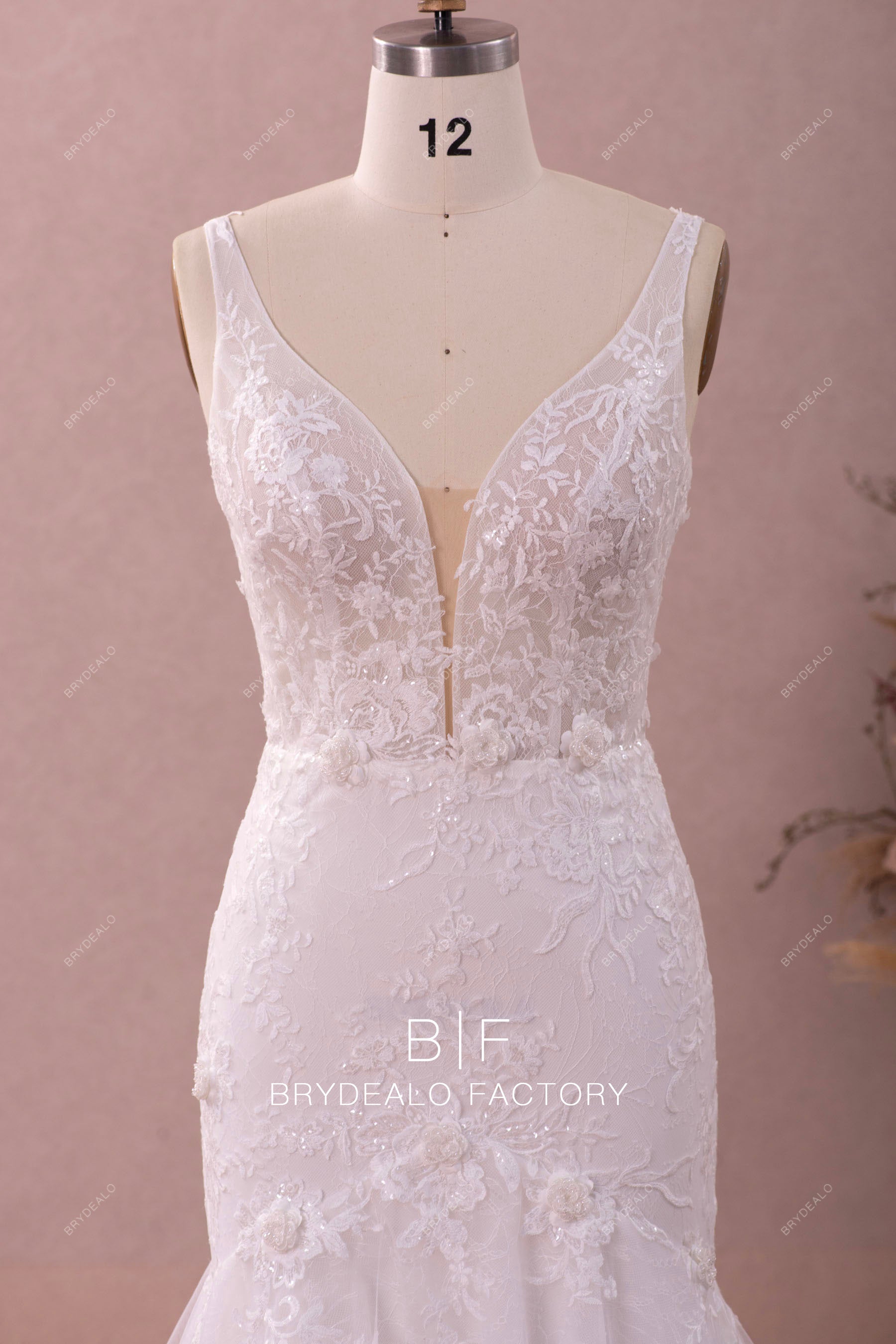 illusion straps plunging neck lace bridal gown